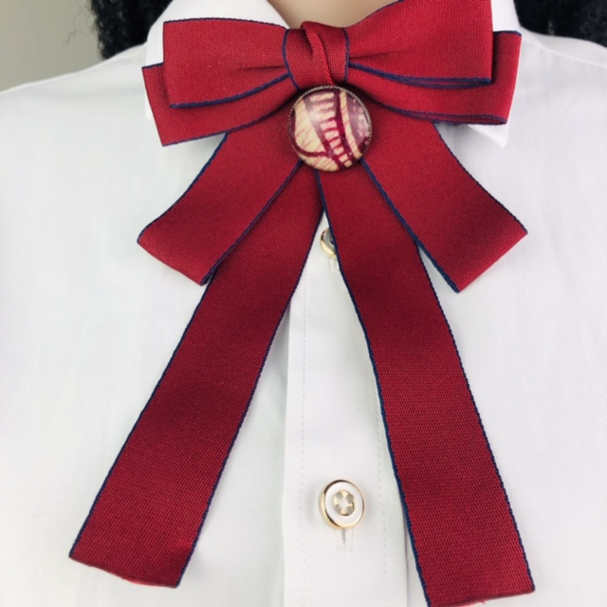 Jabot Style Bow Tie with Hari Brooch - maroon with navy blue trim - Image 3