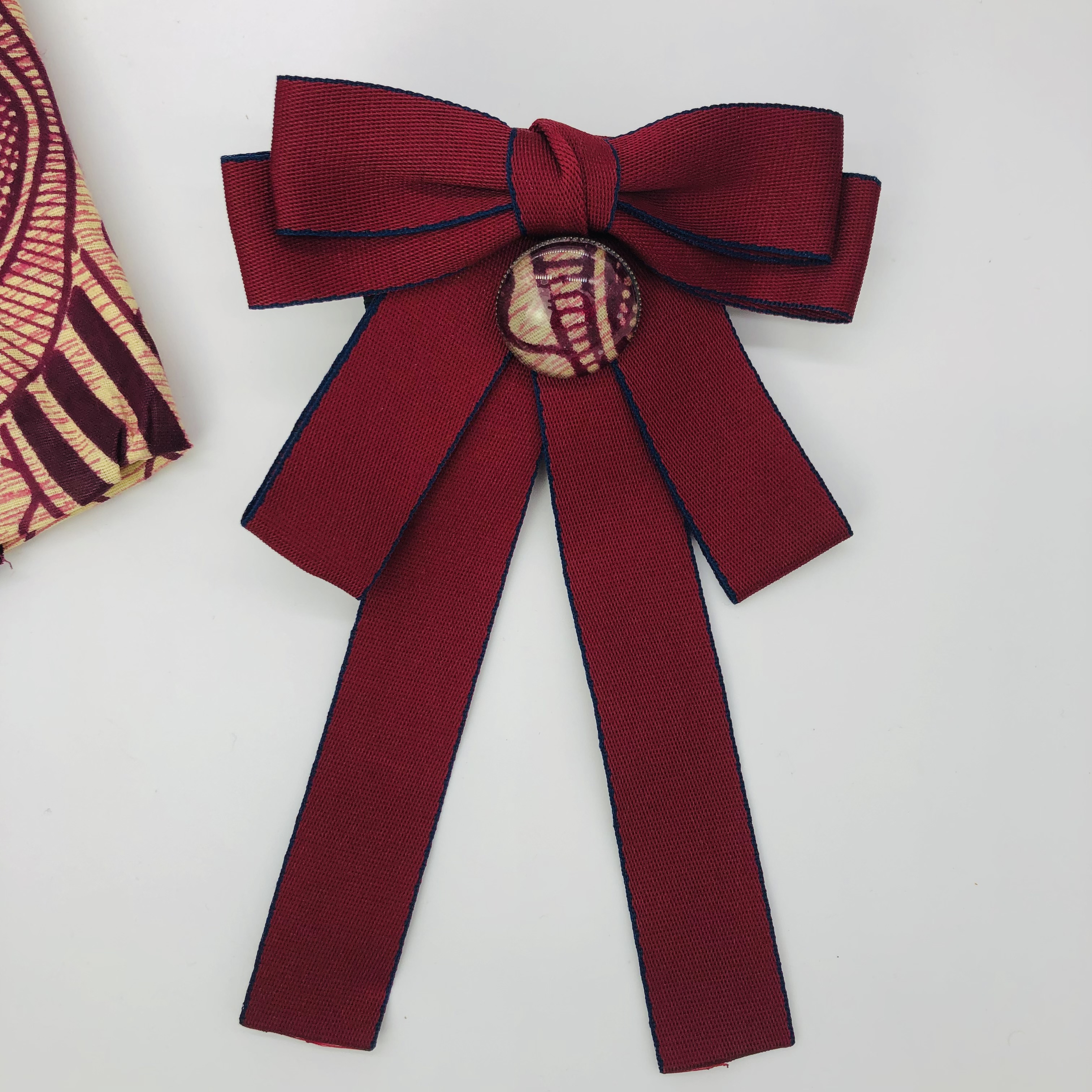 Jabot Style Bow Tie with Hari Brooch - maroon with navy blue trim - Image 10