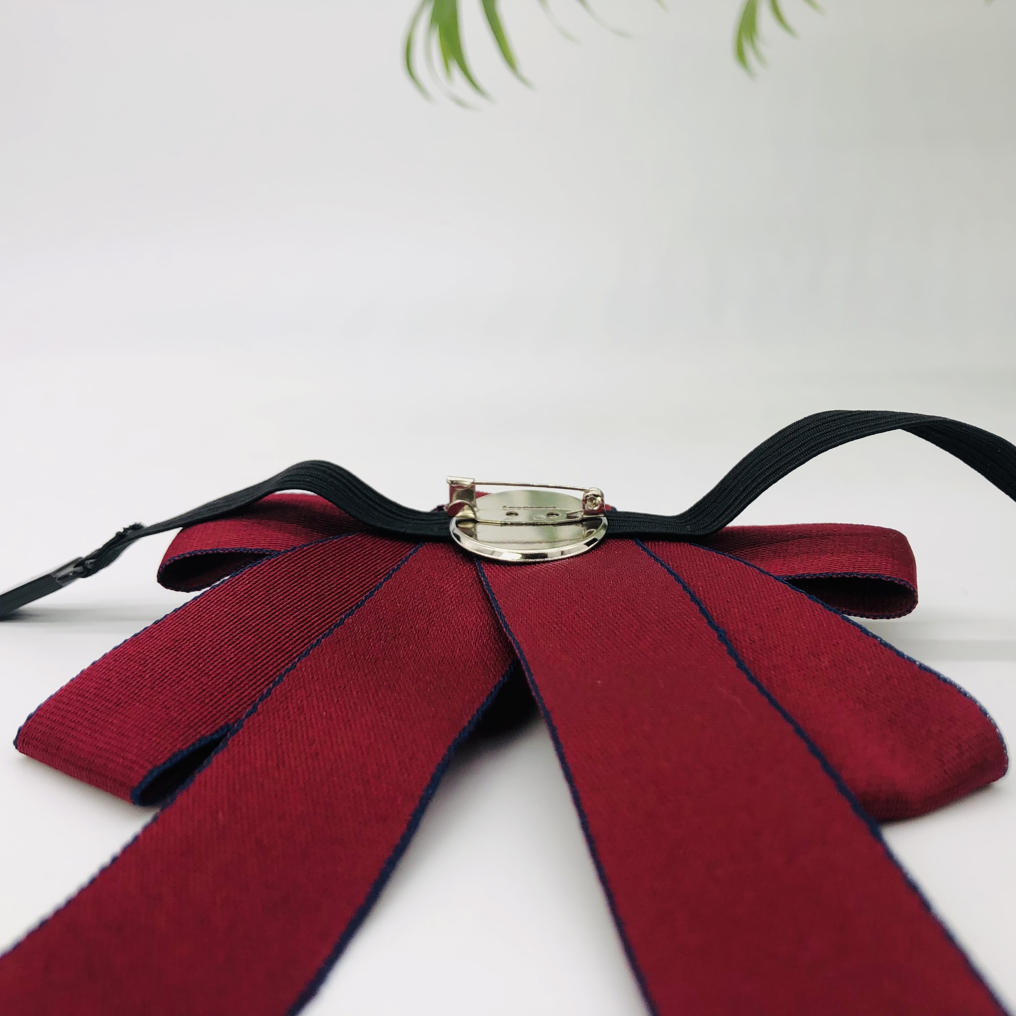 Jabot Style Bow Tie with Hari Brooch - maroon with navy blue trim - Image 7