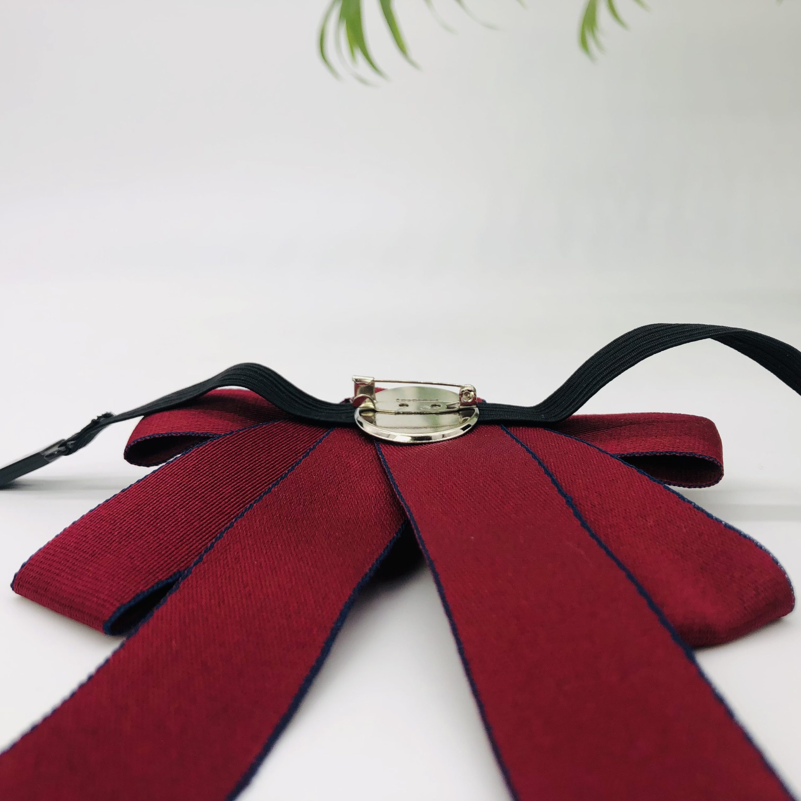 Jabot Style Bow Tie with Hari Brooch - maroon with navy blue trim - Image 9