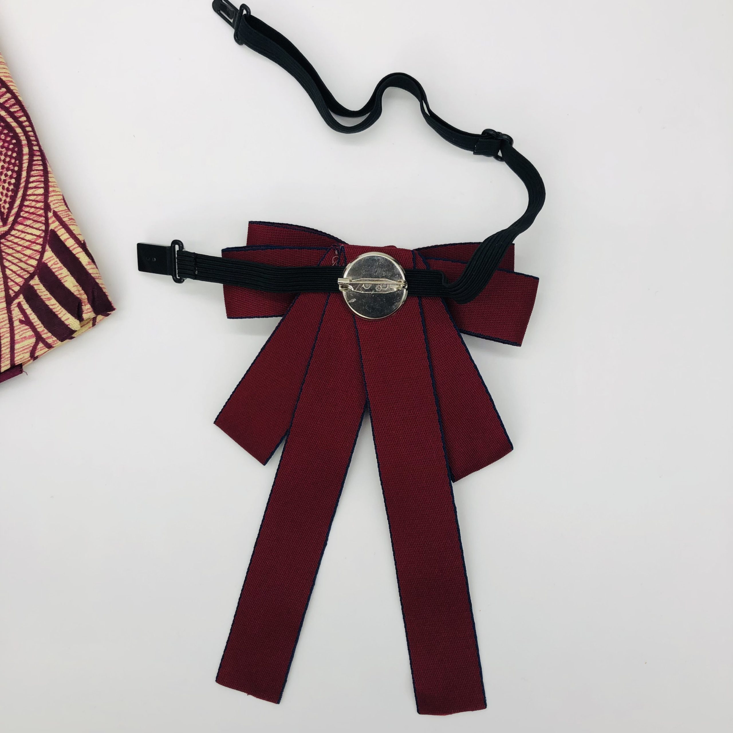 Jabot Style Bow Tie with Hari Brooch - maroon with navy blue trim - Image 8