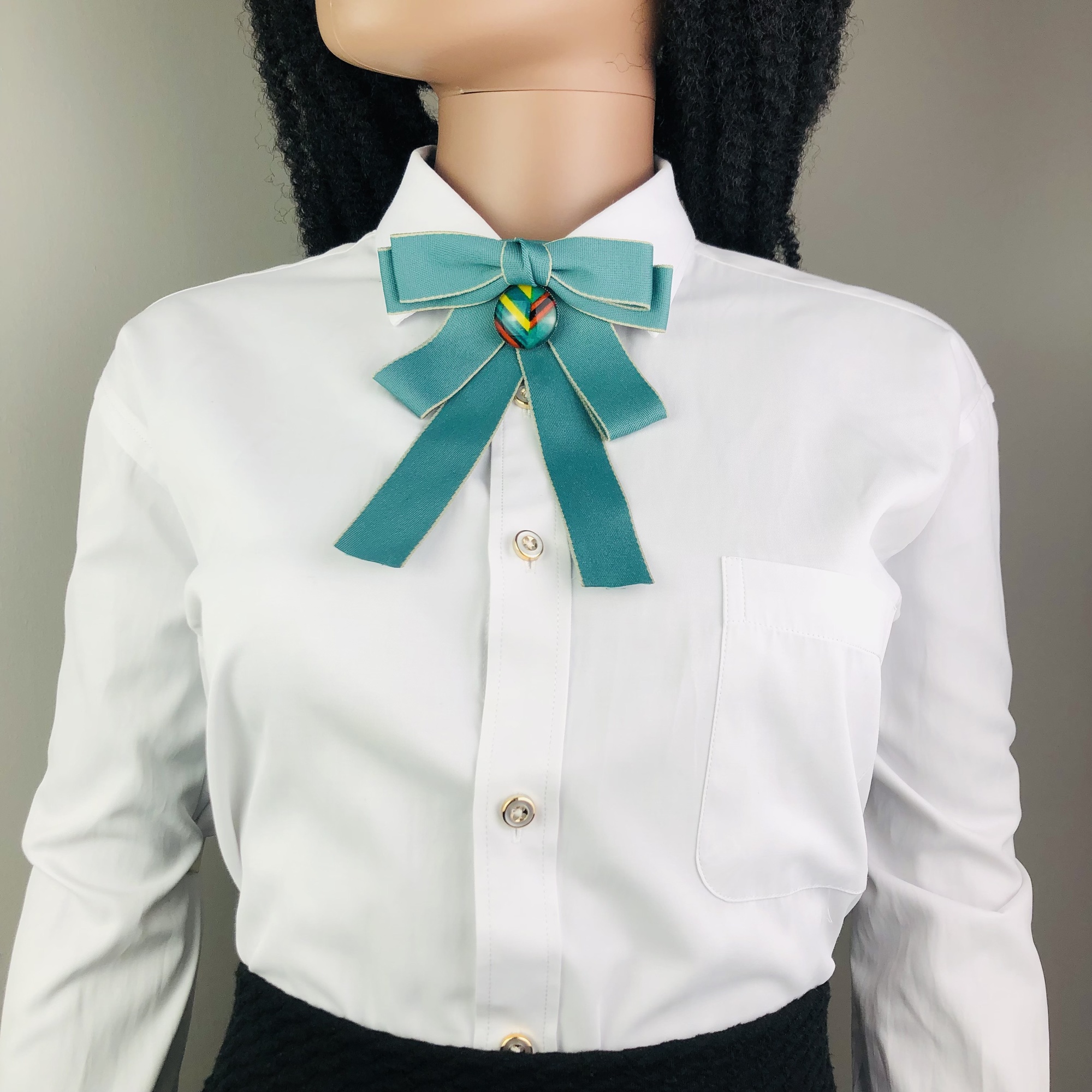 Jabot style bow tie with Kente brooch - Jade Green with beige trim