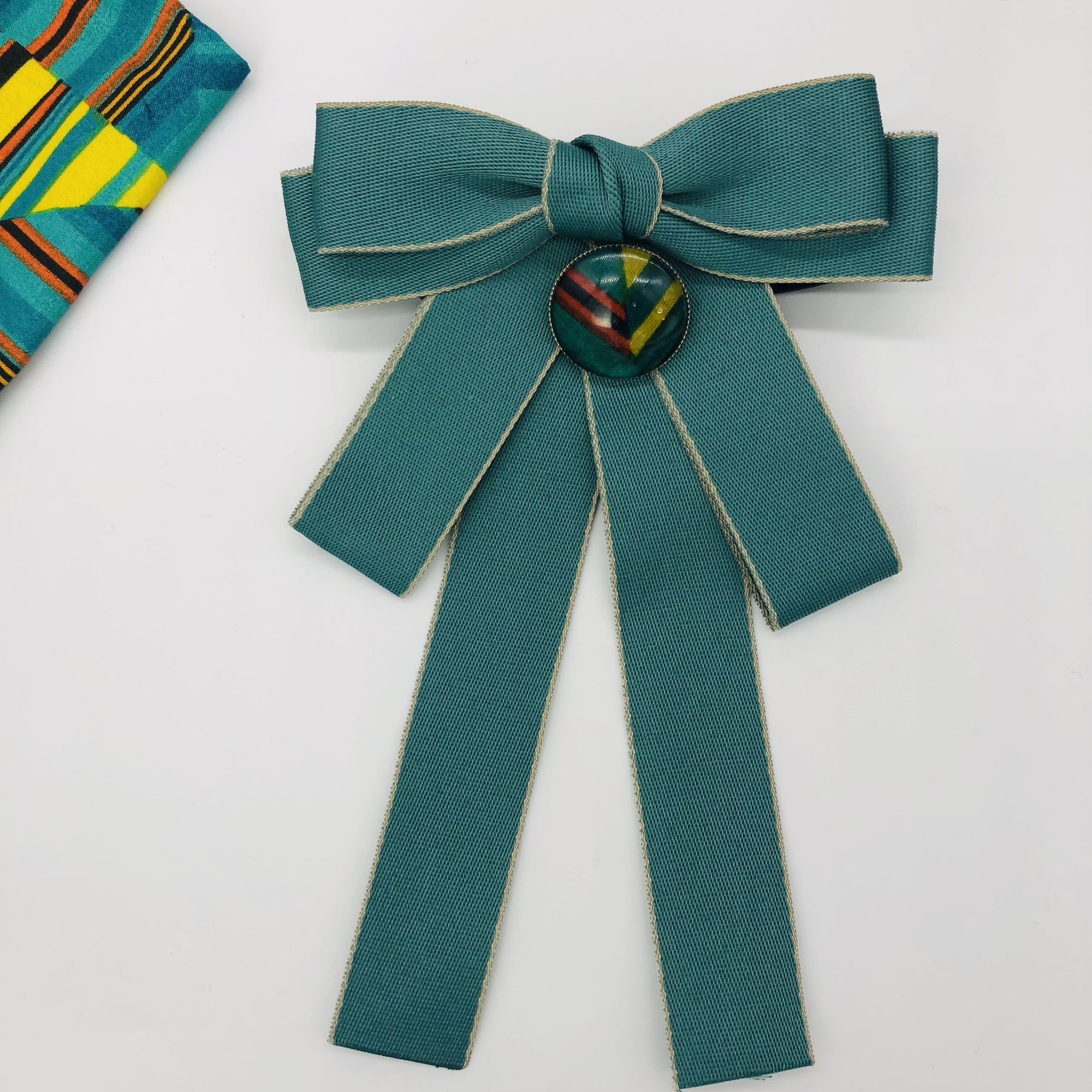 Jabot style bow tie with Kente brooch - Jade Green with beige trim - Image 7