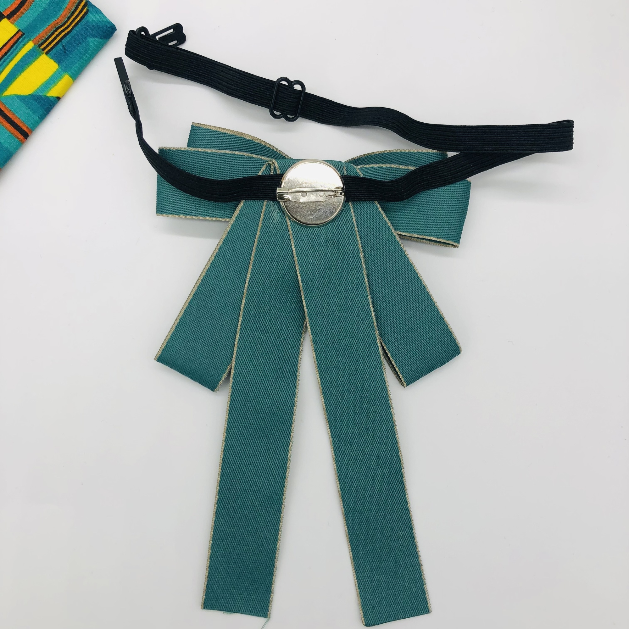 Jabot style bow tie with Kente brooch - Jade Green with beige trim - Image 6