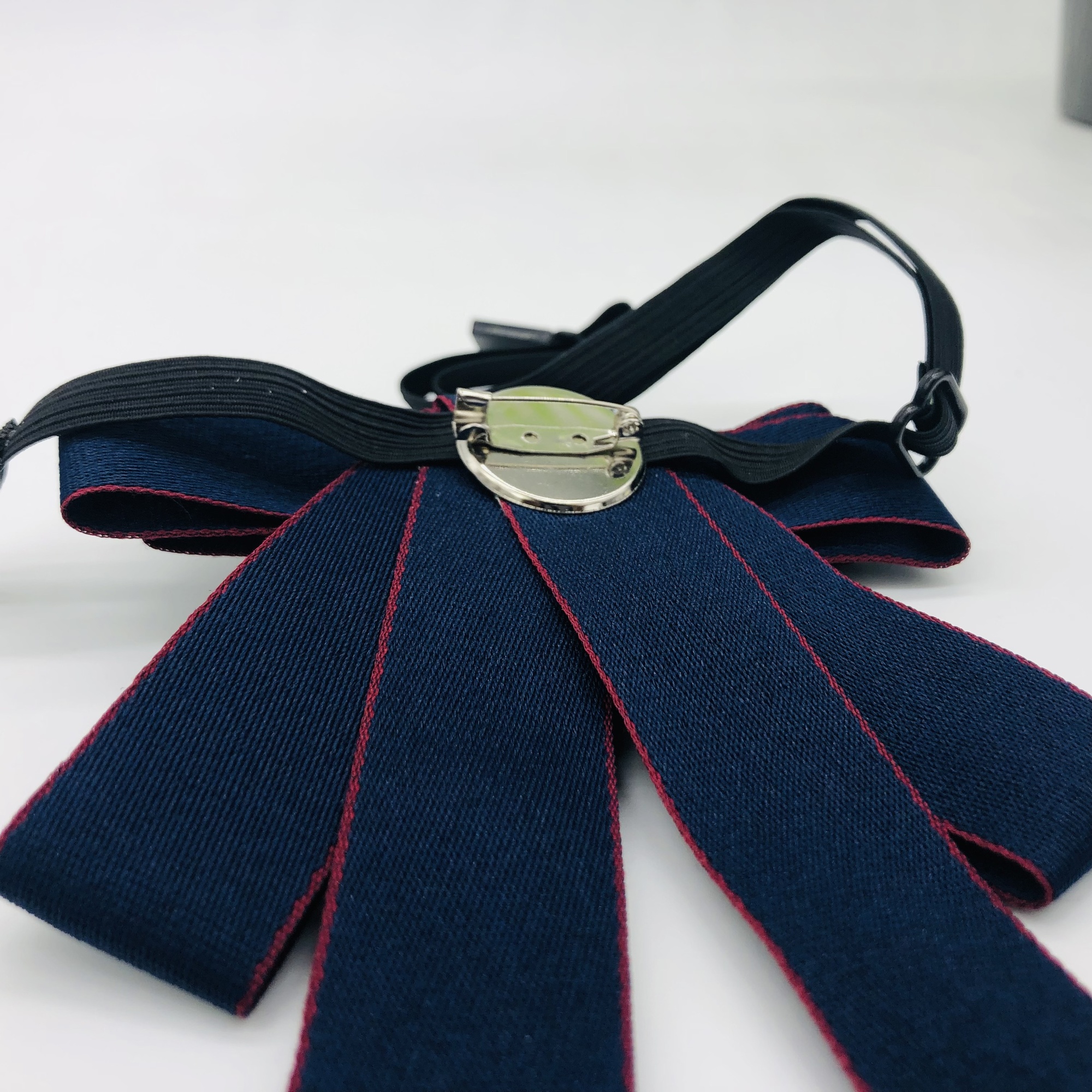 Jabot style bow tie with Wofiira Brooch - Blue with red trim - Image 6