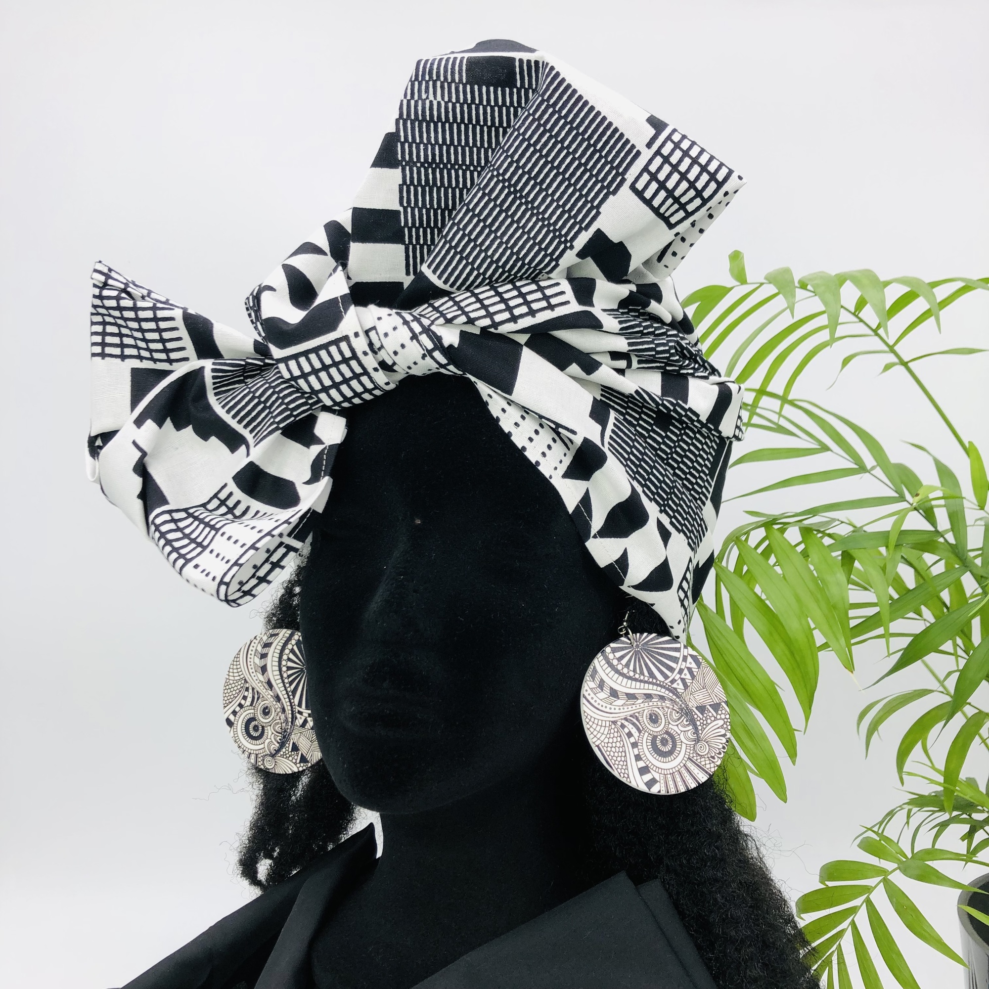 Black and White African Style Kente Headwrap Headtie with Matching Earring Set
