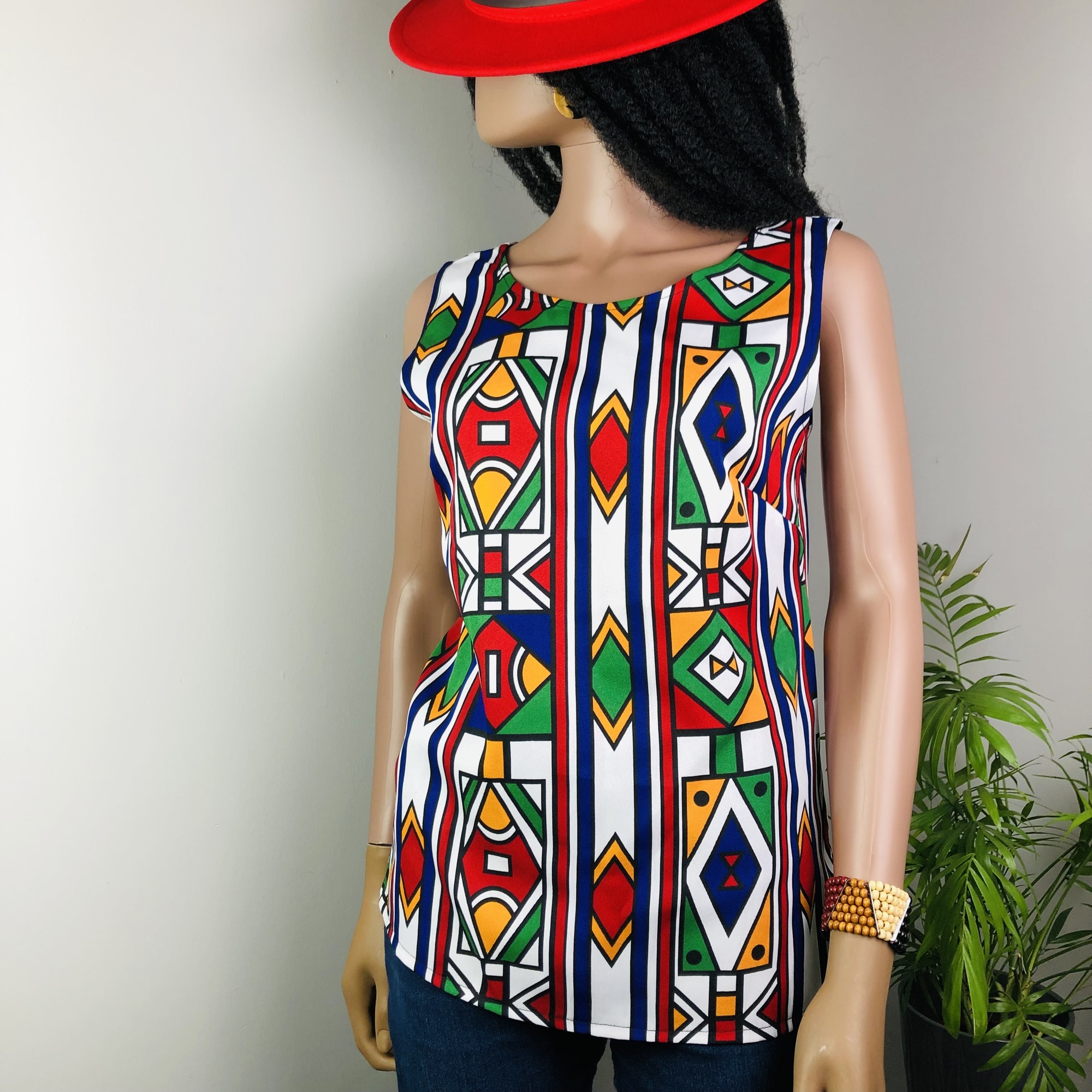 Ndebele Print Red Sleeveless Top with Back neckline slit fastener  - Image 5