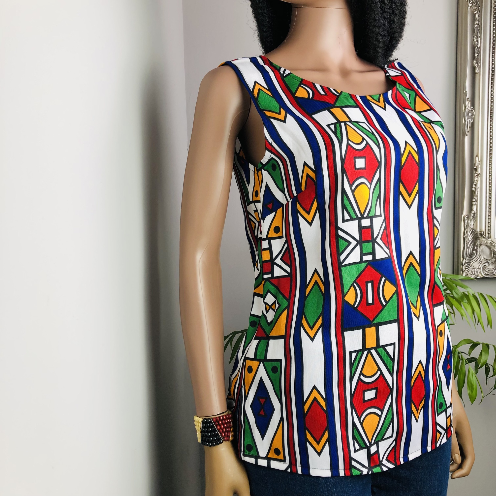 Ndebele Print Red Sleeveless Top with Back neckline slit fastener  - Image 4