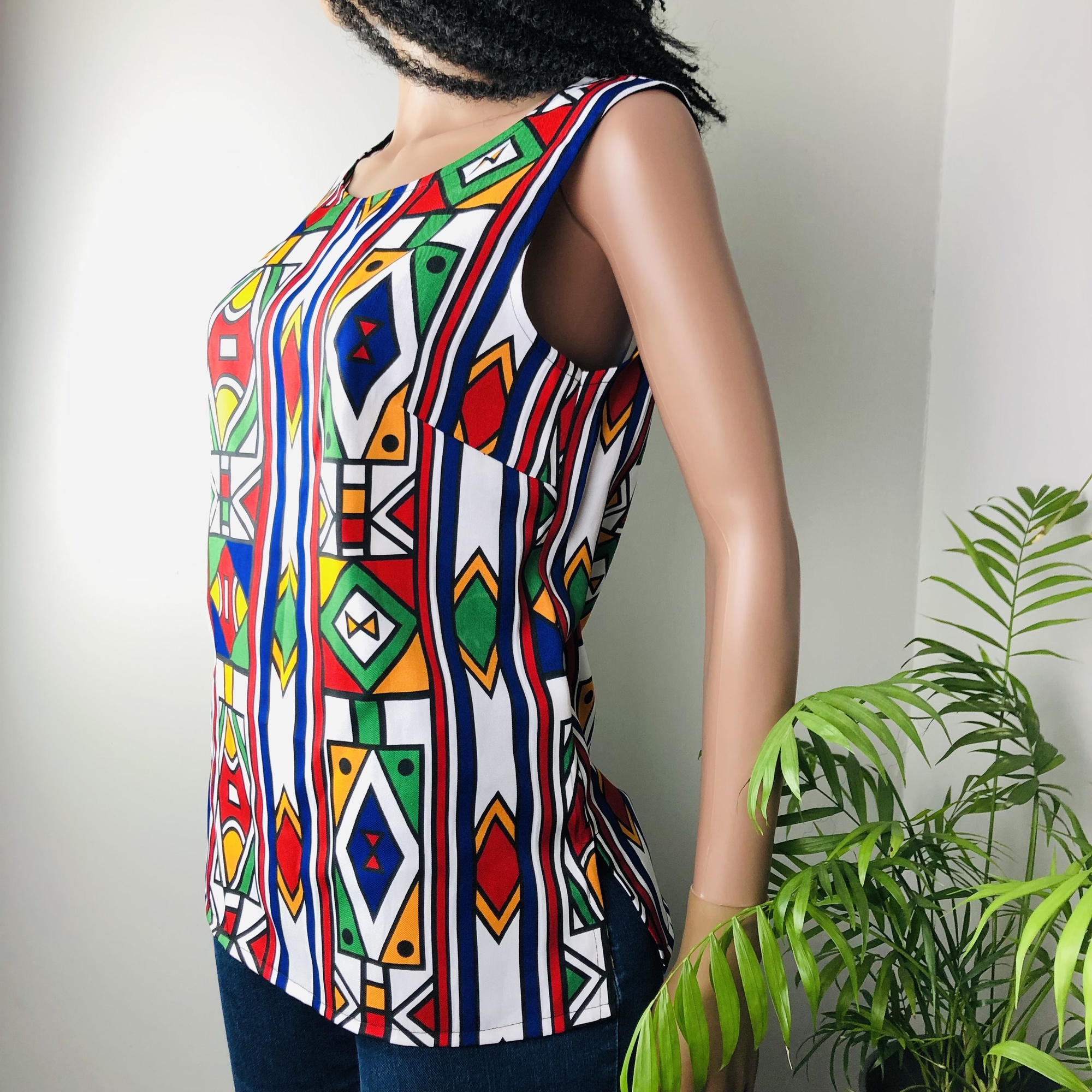 Ndebele Print Red Sleeveless Top with Back neckline slit fastener  - Image 10