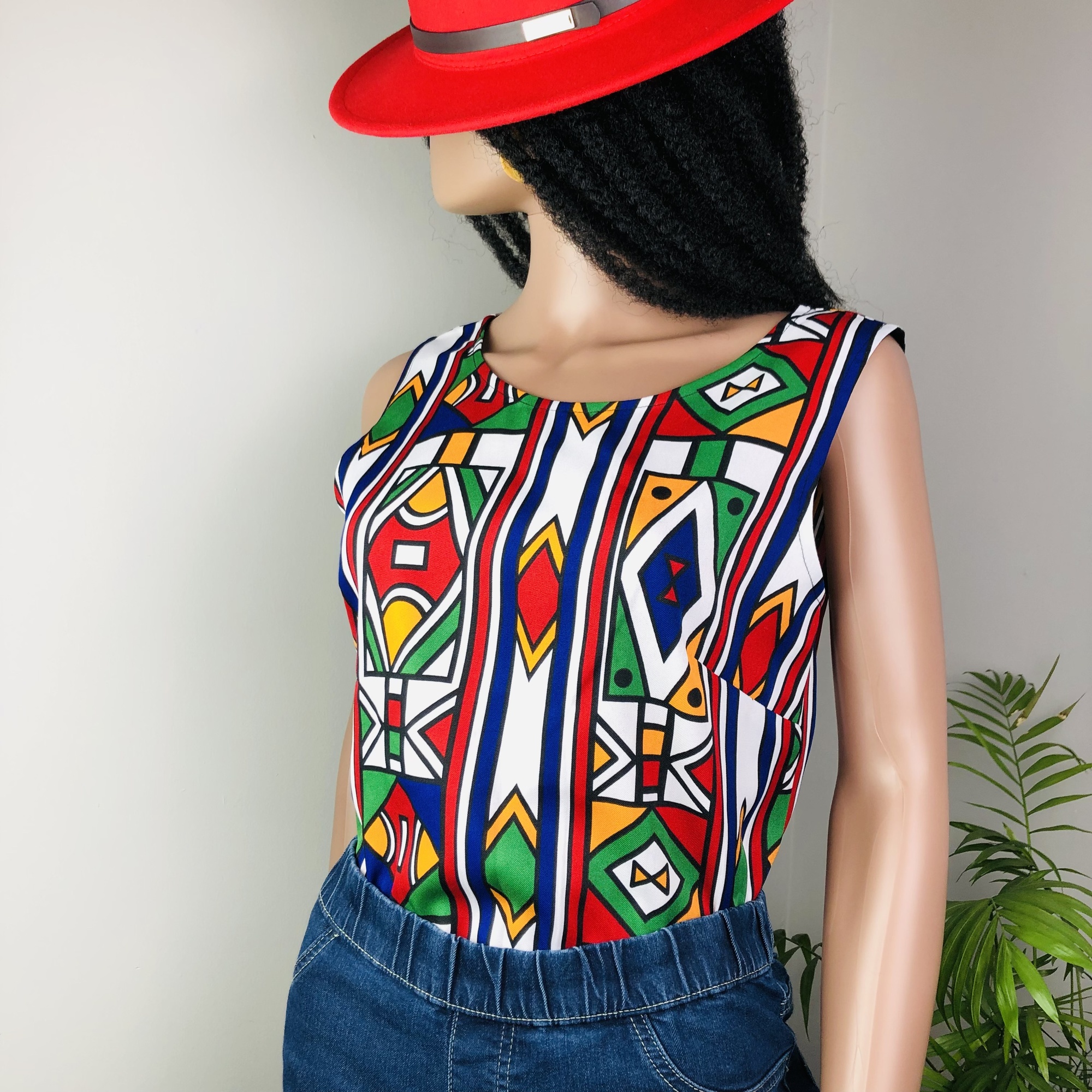 Ndebele Print Red Sleeveless Top with Back neckline slit fastener  - Image 7