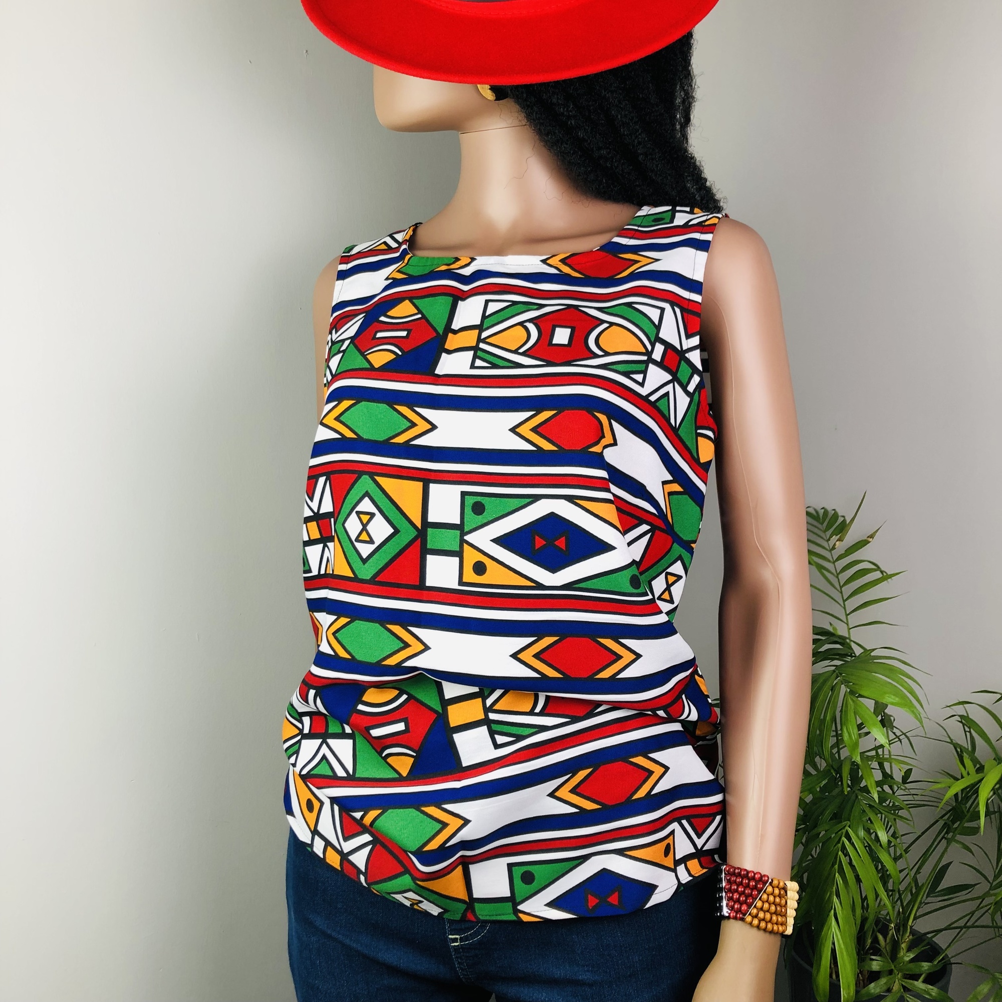 Ndebele Print Red Sleeveless Top with Back neckline slit fastener 