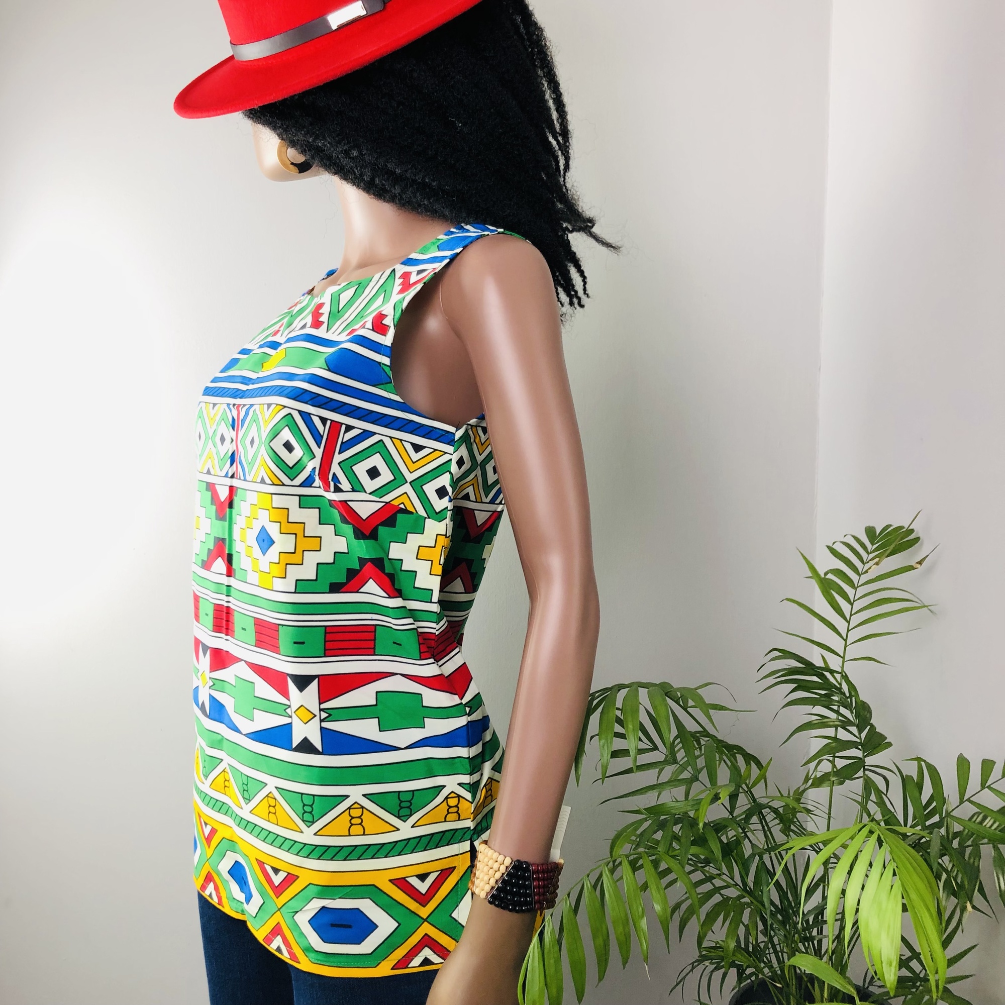 Ndebele Print Green Sleeveless Top -Back Neckline slit fastener - Image 8