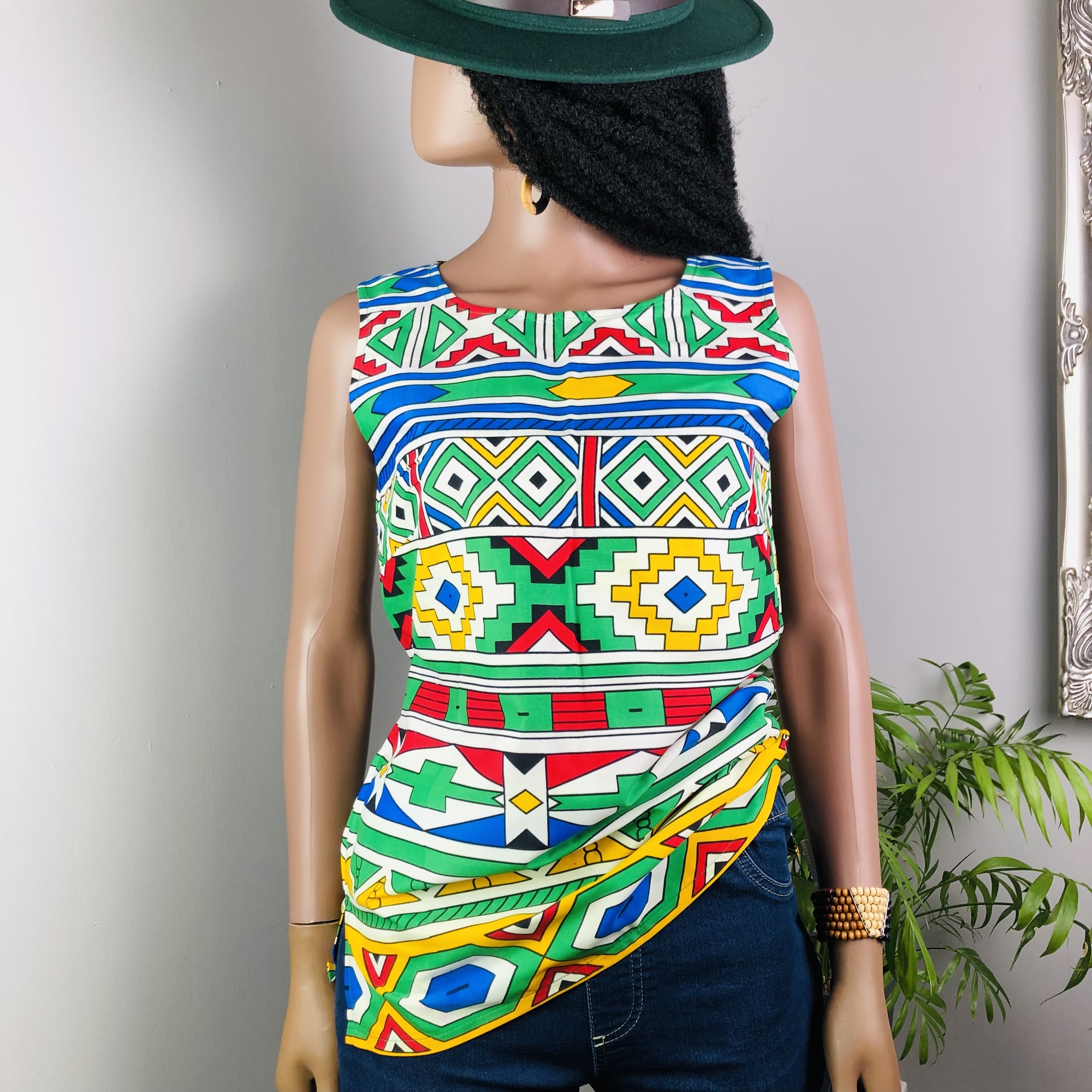 Ndebele Print Green Sleeveless Top -Back Neckline slit fastener