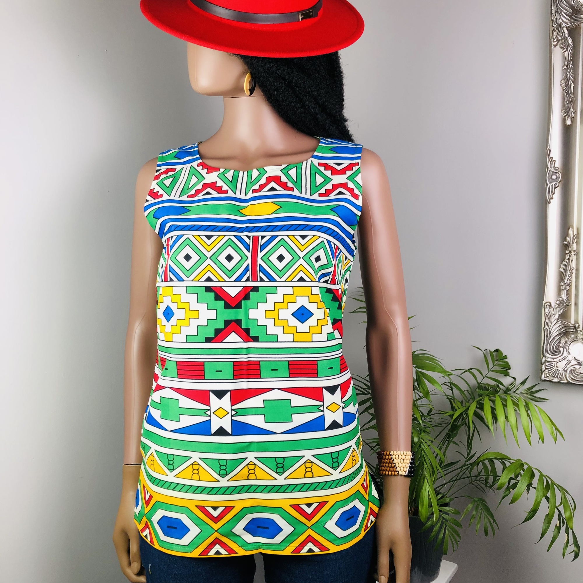 Ndebele Print Green Sleeveless Top -Back Neckline slit fastener - Image 3