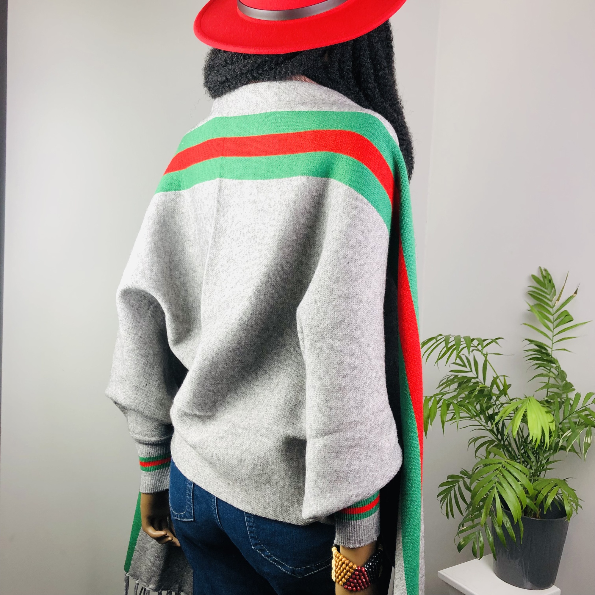 Ufulu Stripe Luxurious Cashmere Knitted Tassel Poncho Shawl with Sleeves - Charcoal Grey - Image 5
