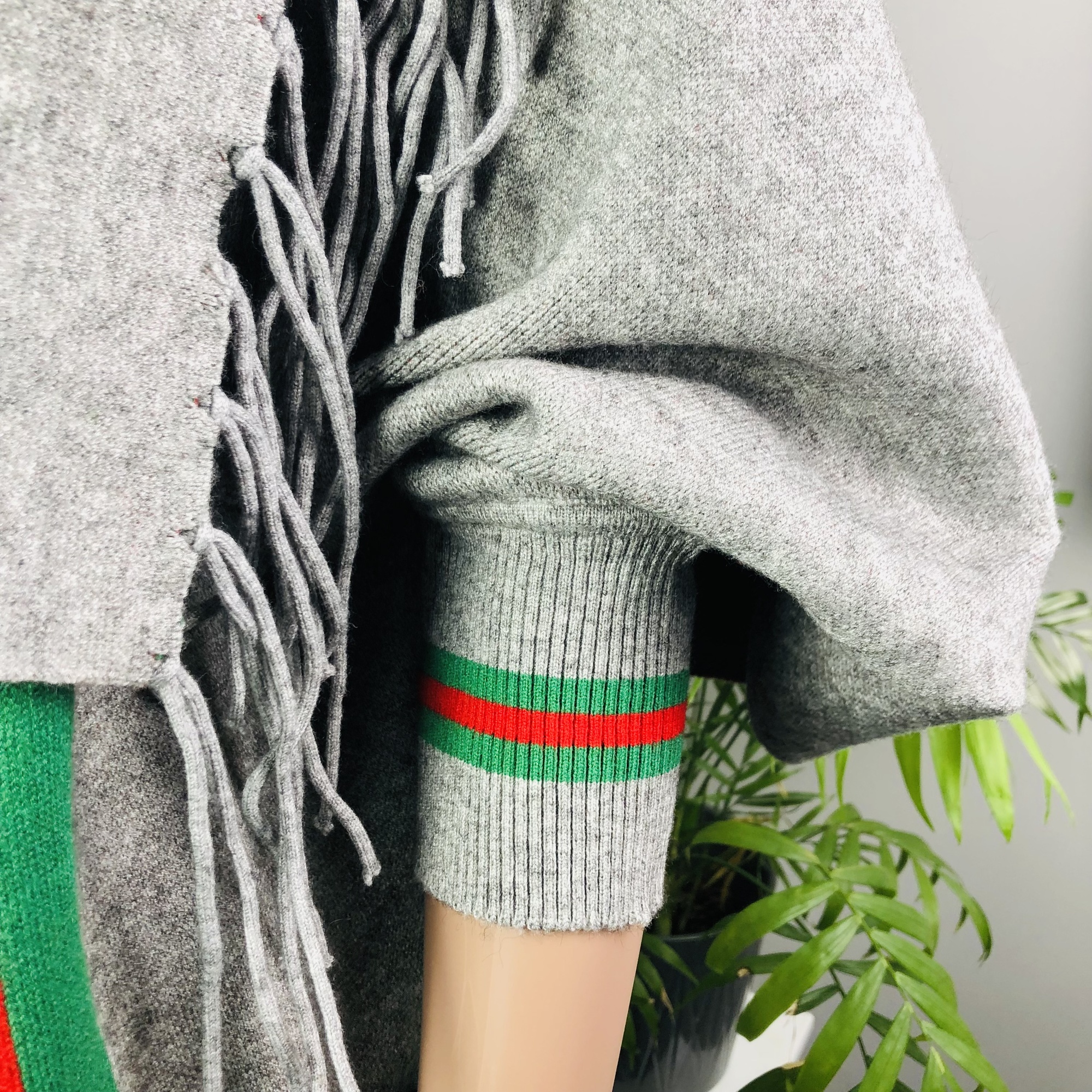Ufulu Stripe Luxurious Cashmere Knitted Tassel Poncho Shawl with Sleeves - Charcoal Grey - Image 9