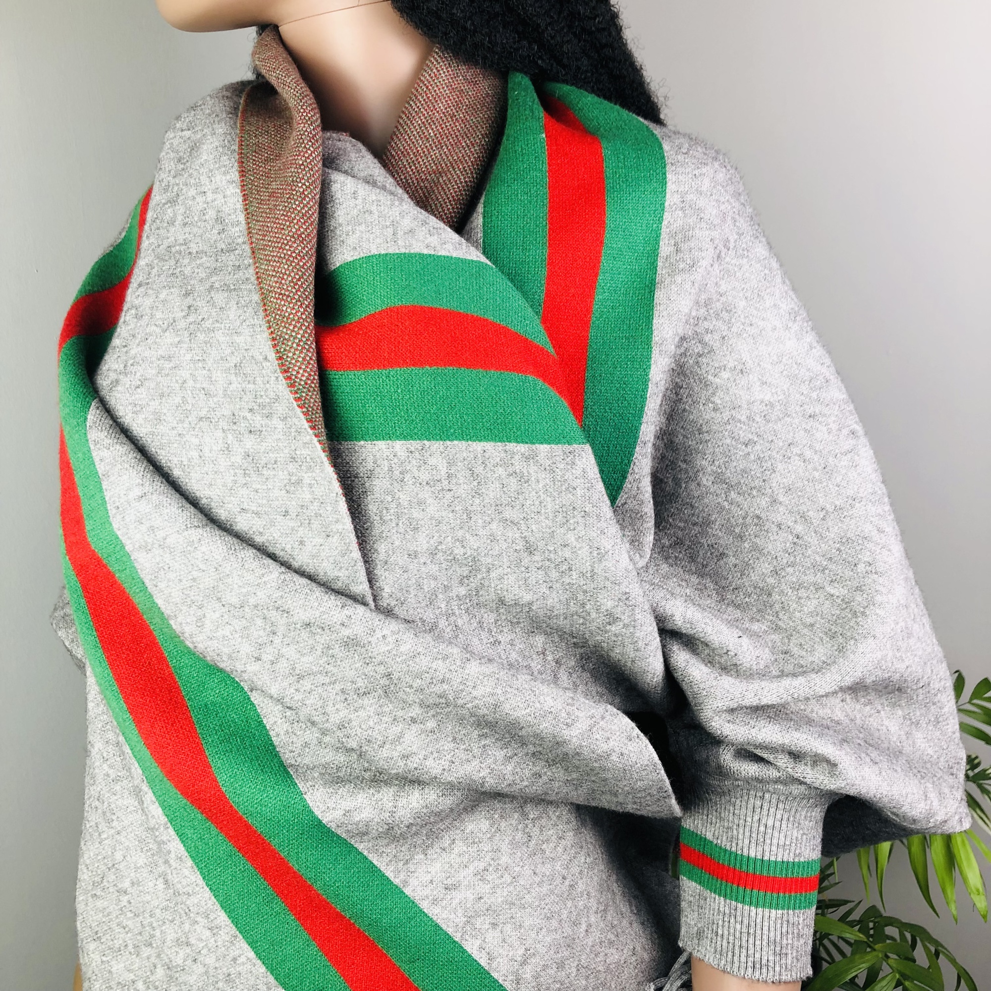 Ufulu Stripe Luxurious Cashmere Knitted Tassel Poncho Shawl with Sleeves - Charcoal Grey - Image 7