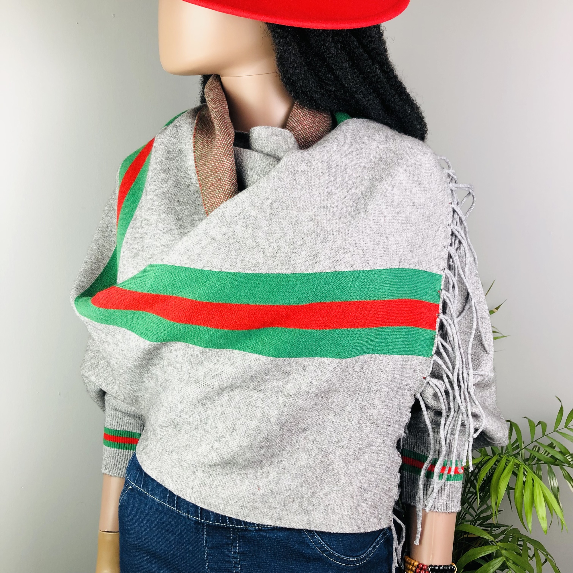 Ufulu Stripe Luxurious Cashmere Knitted Tassel Poncho Shawl with Sleeves - Charcoal Grey - Image 6