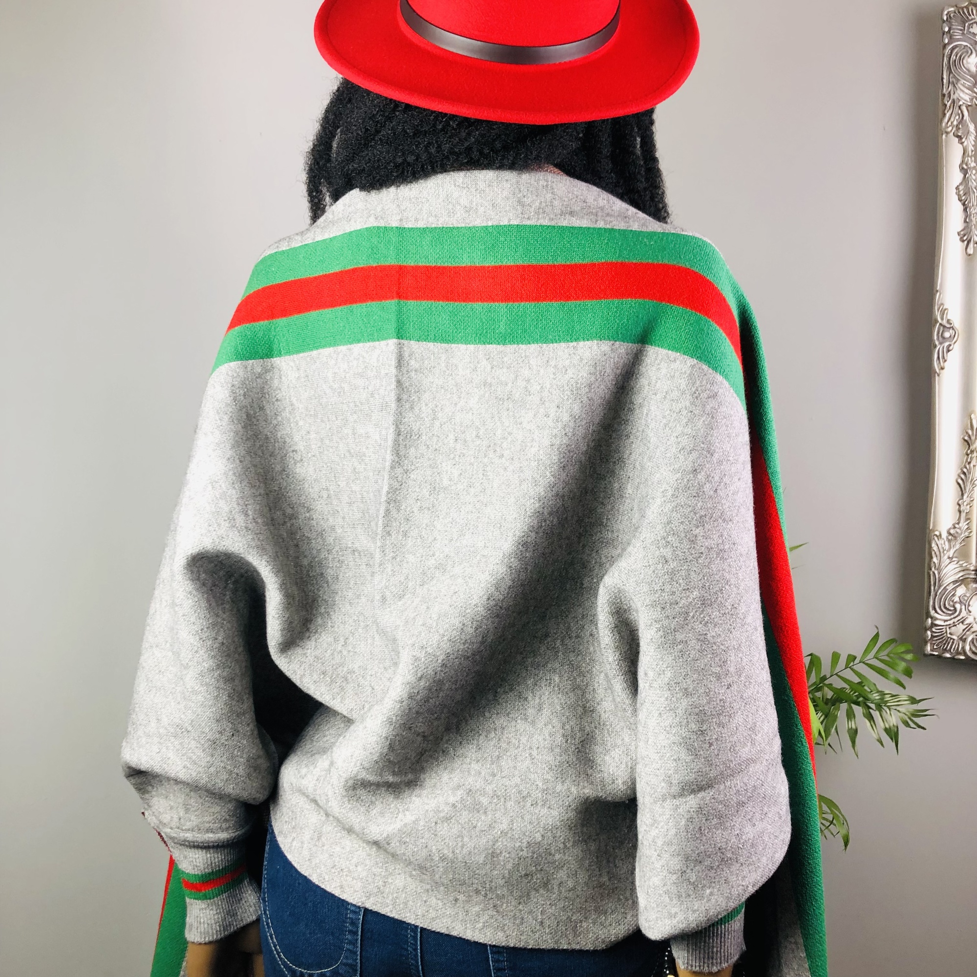 Ufulu Stripe Luxurious Cashmere Knitted Tassel Poncho Shawl with Sleeves - Charcoal Grey - Image 4