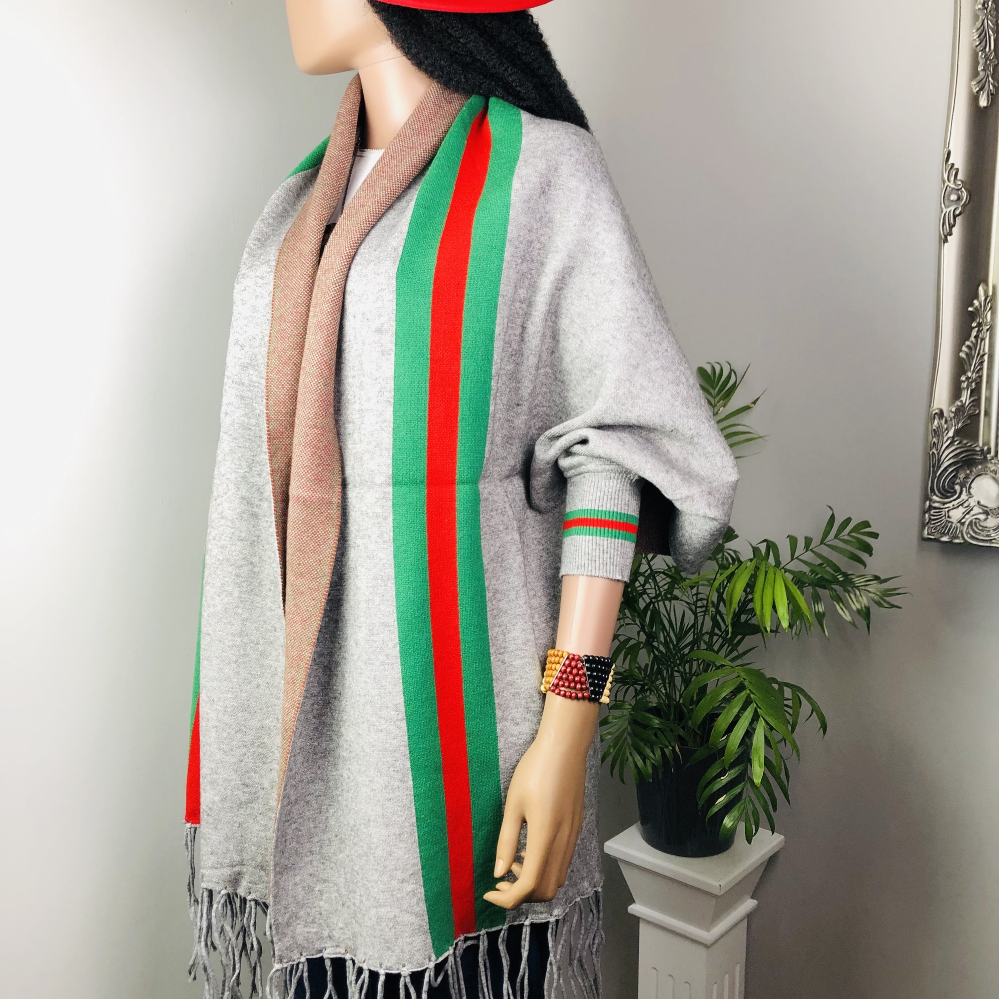 Ufulu Stripe Luxurious Cashmere Knitted Tassel Poncho Shawl with Sleeves - Charcoal Grey - Image 3