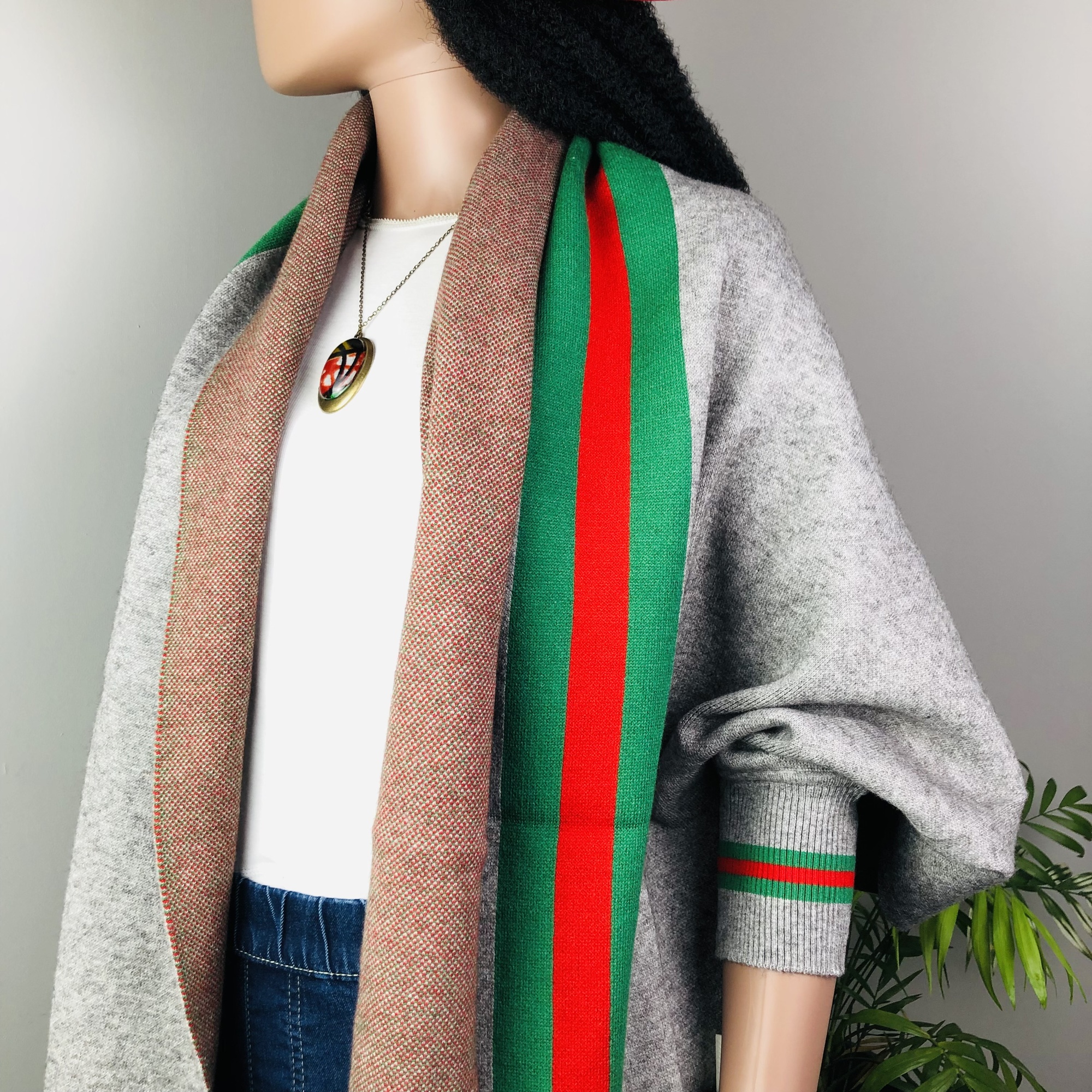 Ufulu Stripe Luxurious Cashmere Knitted Tassel Poncho Shawl with Sleeves - Charcoal Grey - Image 11