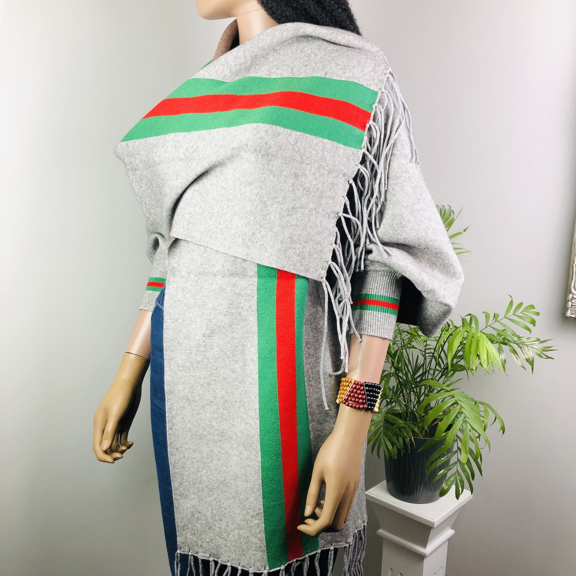 Ufulu Stripe Luxurious Cashmere Knitted Tassel Poncho Shawl with Sleeves - Charcoal Grey