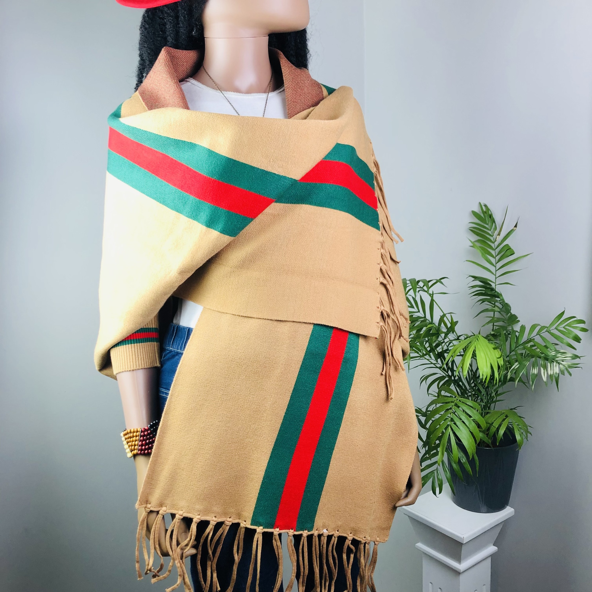 Ufulu Stripe Luxurious Cashmere Knitted Tassel Poncho Shawl with Sleeves - Mocha - Image 5