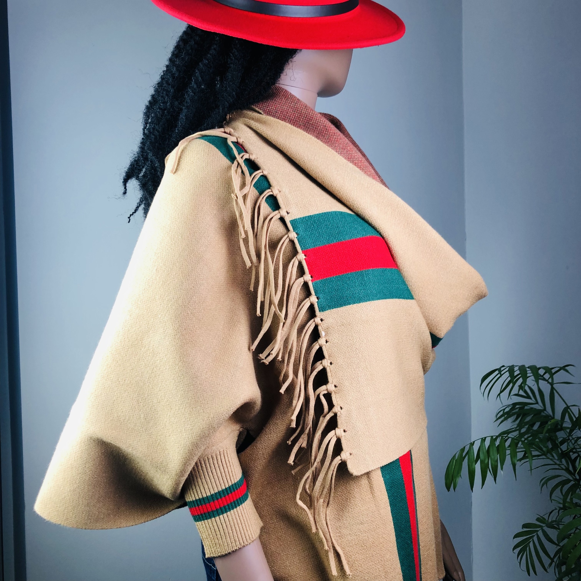 Ufulu Stripe Luxurious Cashmere Knitted Tassel Poncho Shawl with Sleeves - Mocha - Image 8