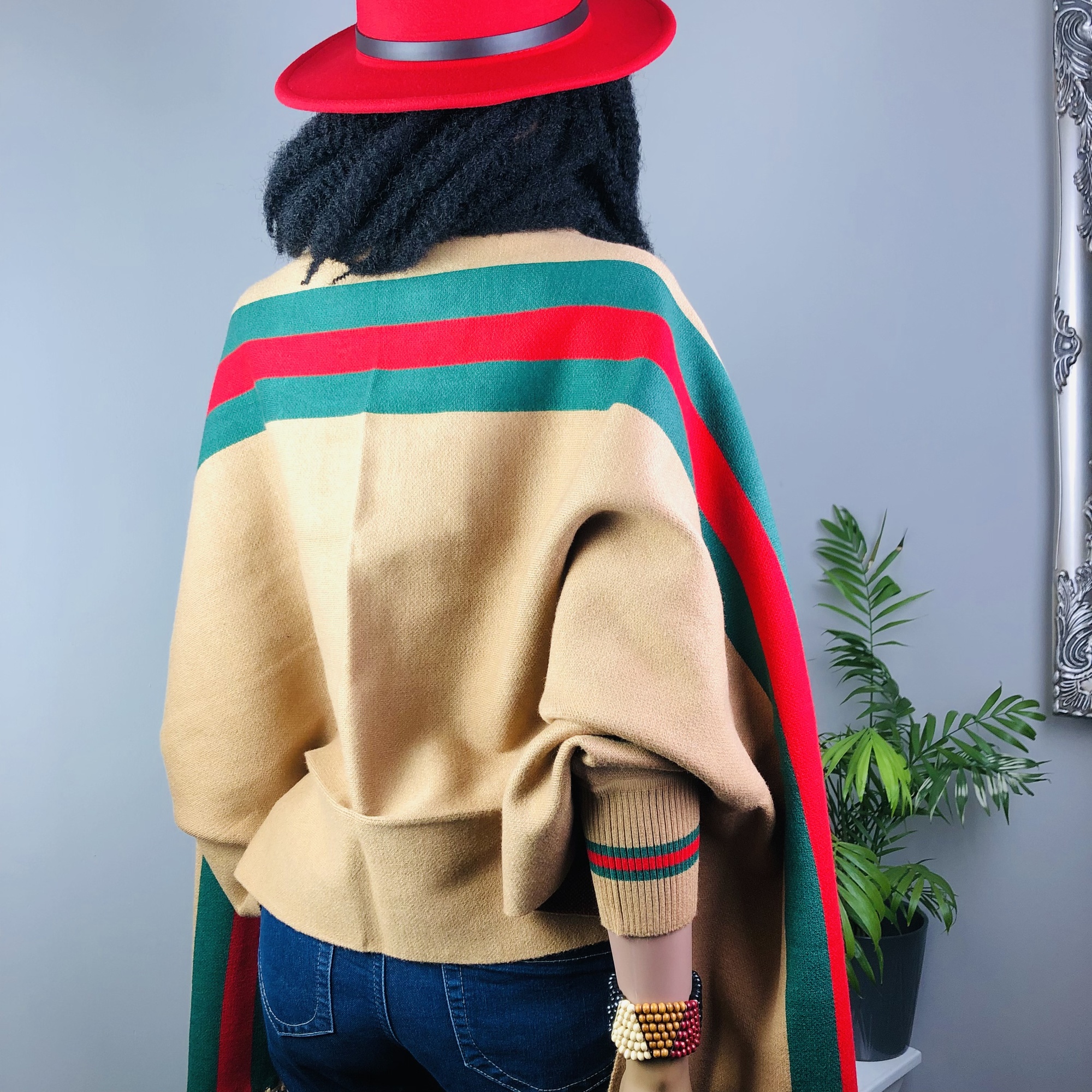 Ufulu Stripe Luxurious Cashmere Knitted Tassel Poncho Shawl with Sleeves - Mocha - Image 7