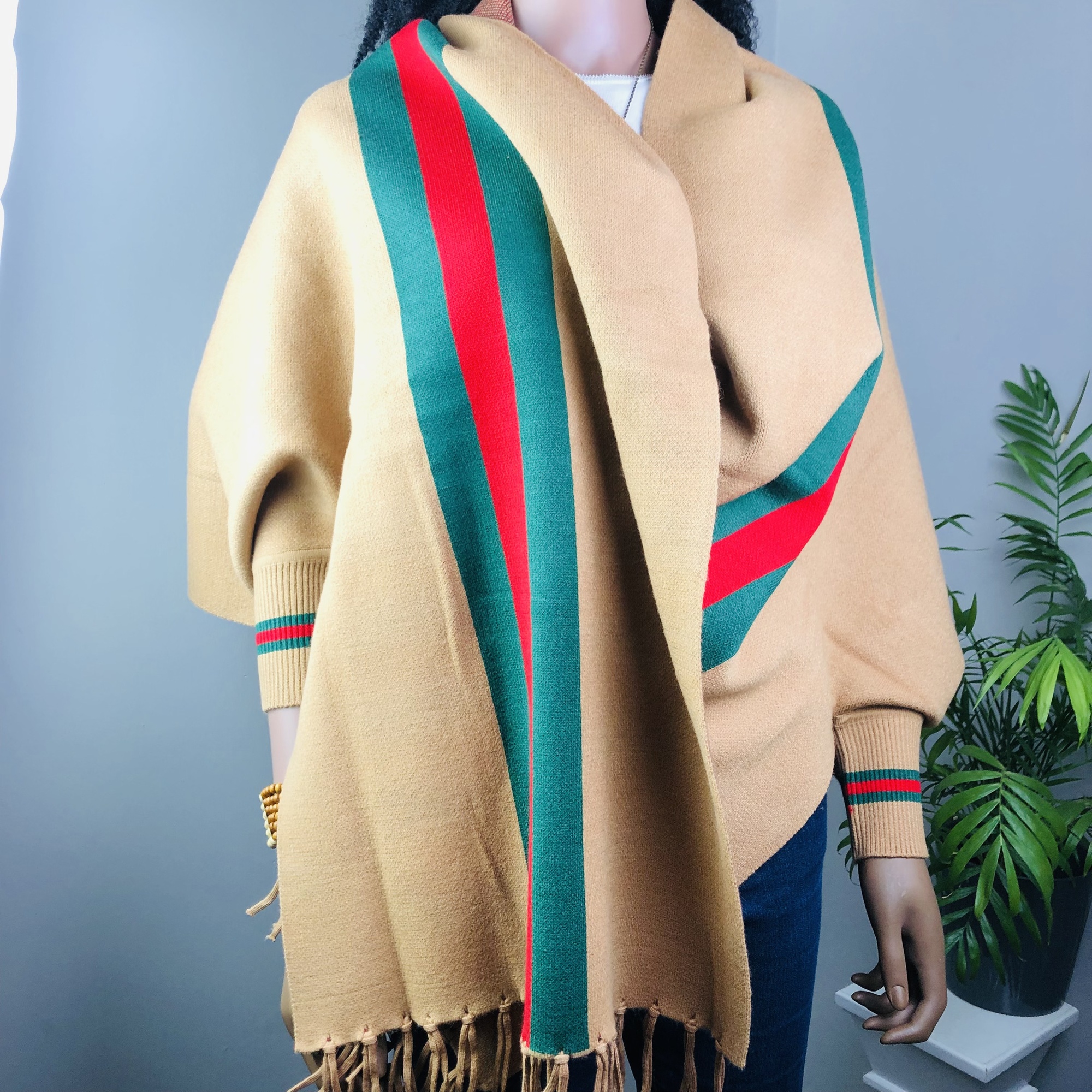Ufulu Stripe Luxurious Cashmere Knitted Tassel Poncho Shawl with Sleeves - Mocha - Image 3