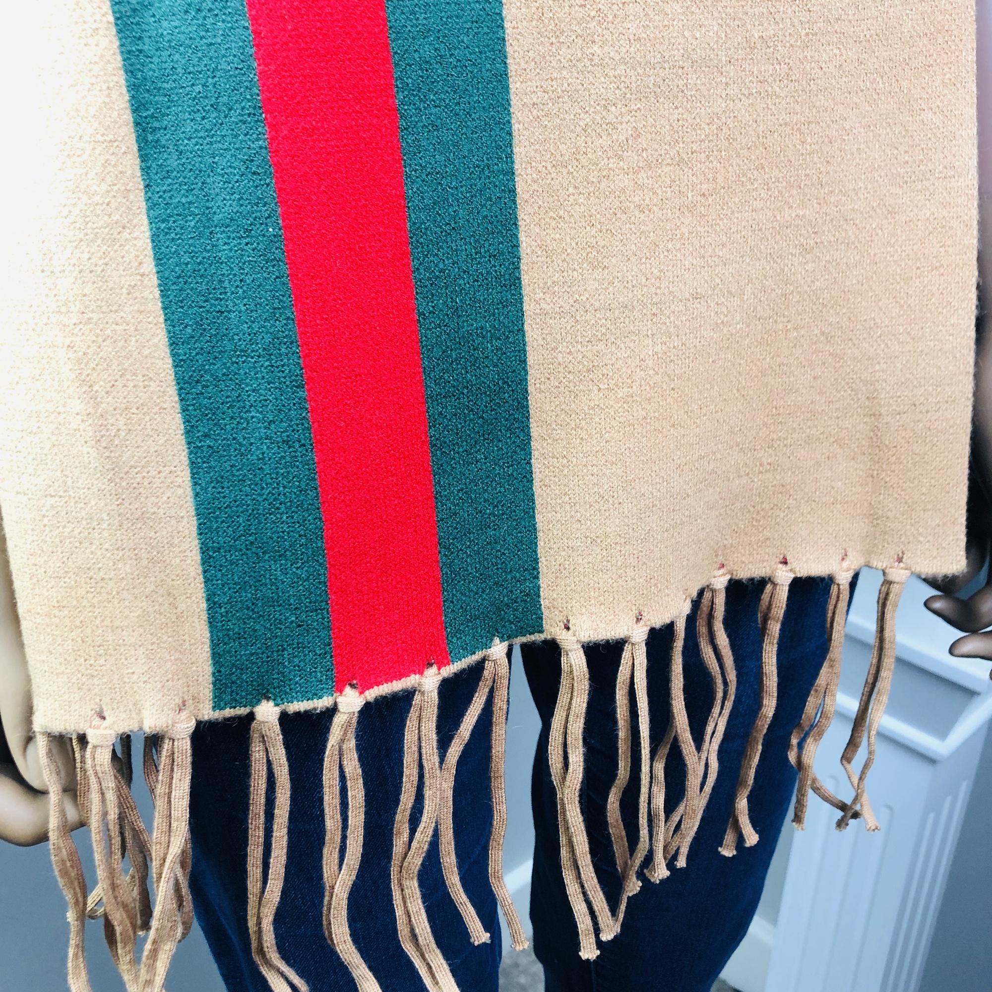 Ufulu Stripe Luxurious Cashmere Knitted Tassel Poncho Shawl with Sleeves - Mocha - Image 11