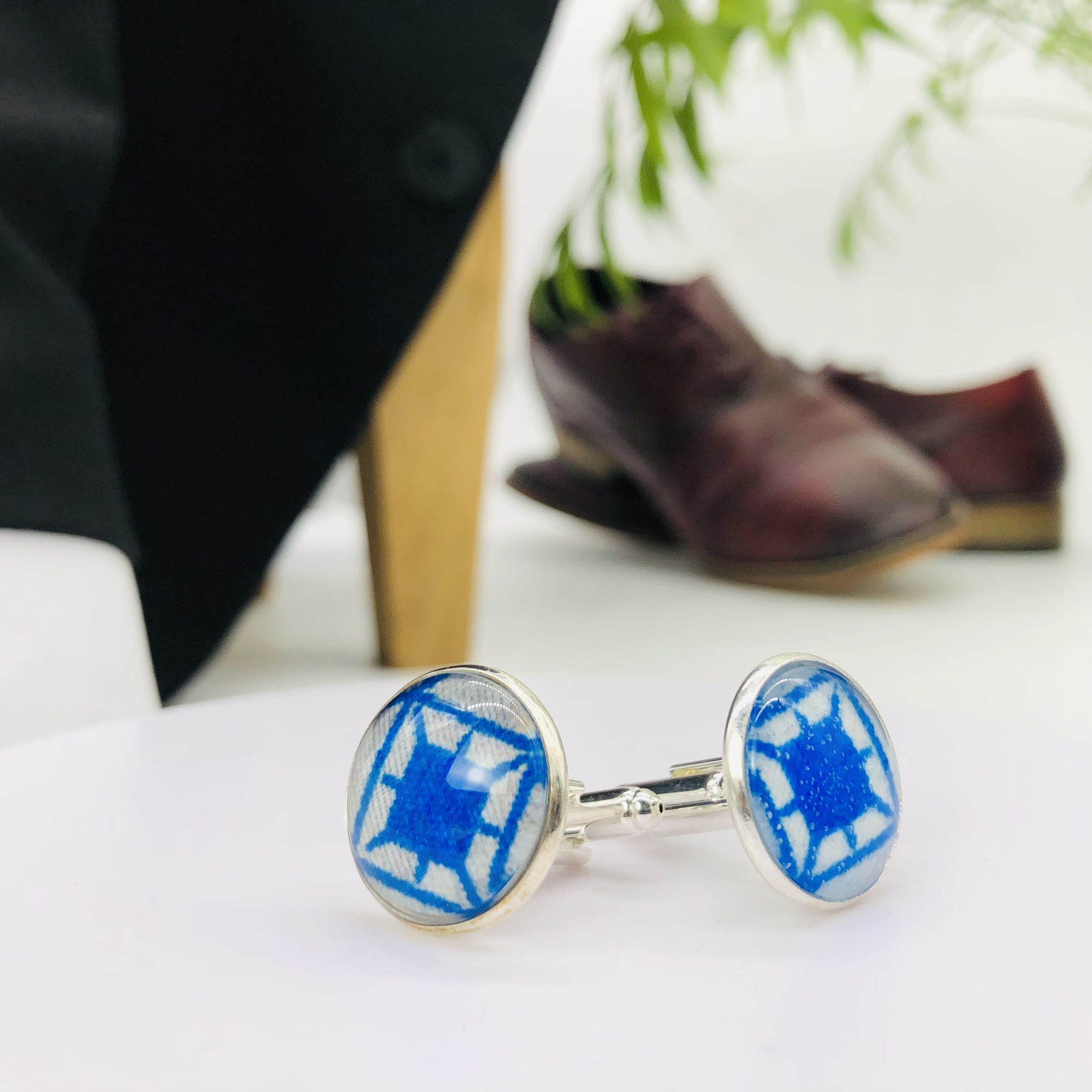 Adalu blue 18mm glass topped  round cufflinks - silver
