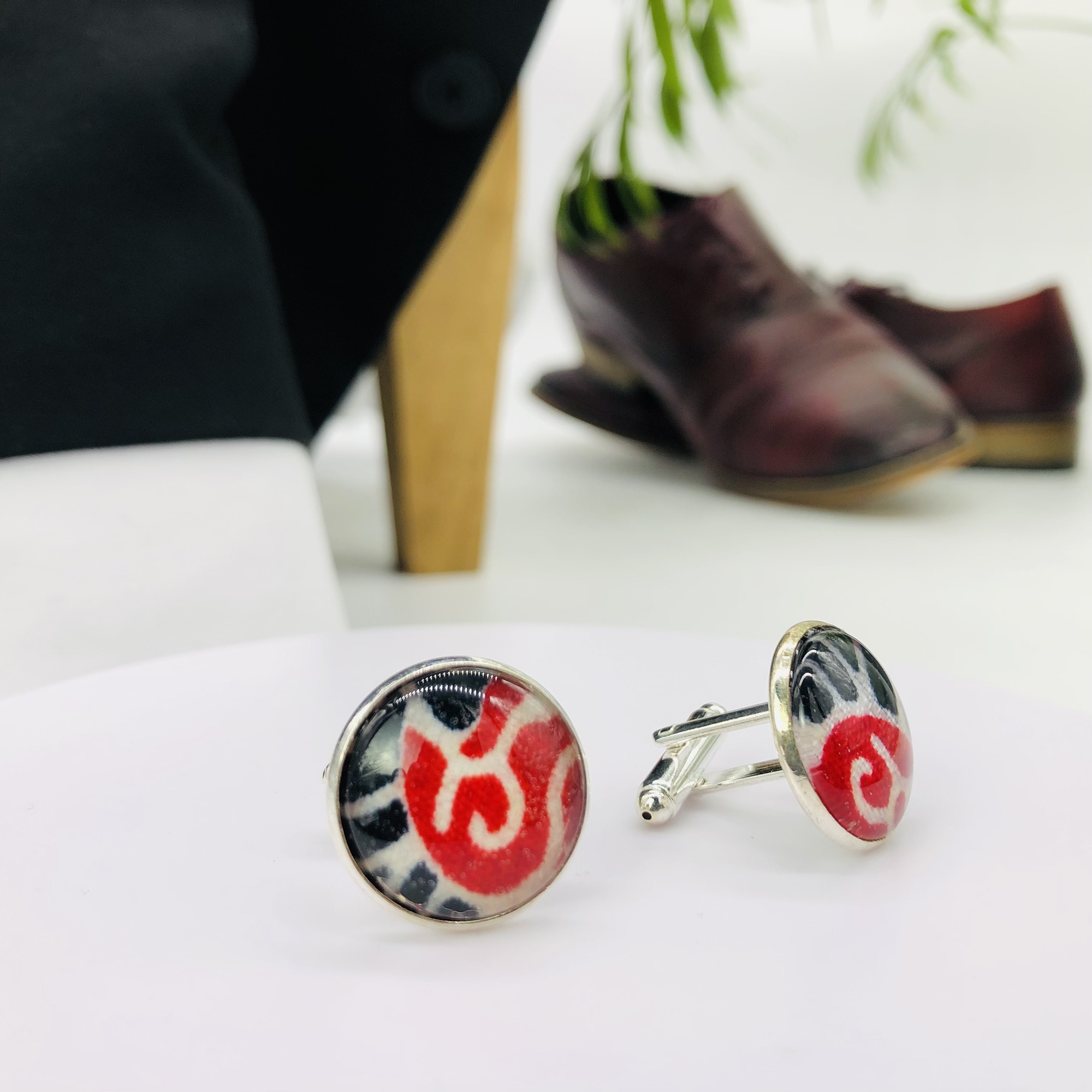 Adalu red 18mm glass topped  round cufflinks - silver - Image 6