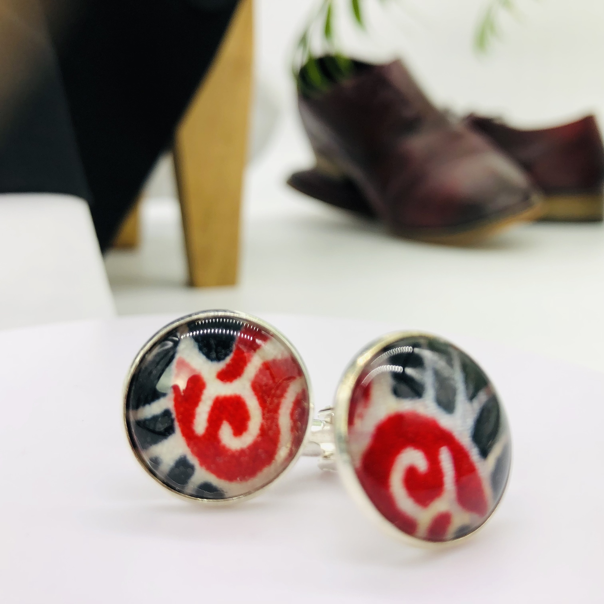 Adalu red 18mm glass topped  round cufflinks - silver