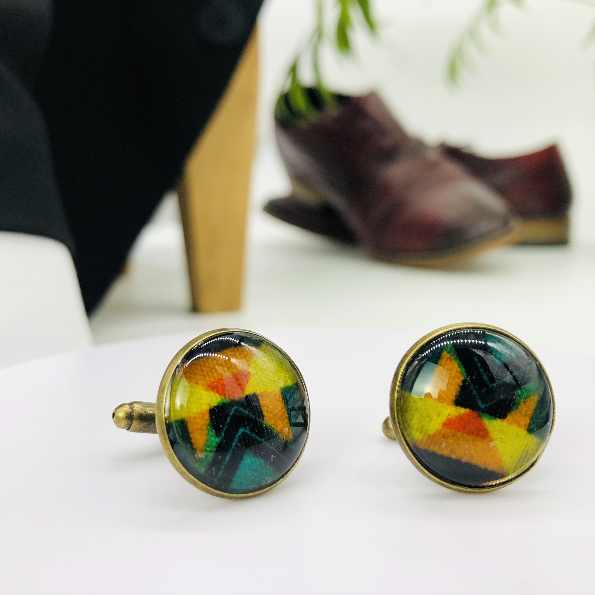 Kenterised 18mm glass topped cufflink pair - Antique Bronze
