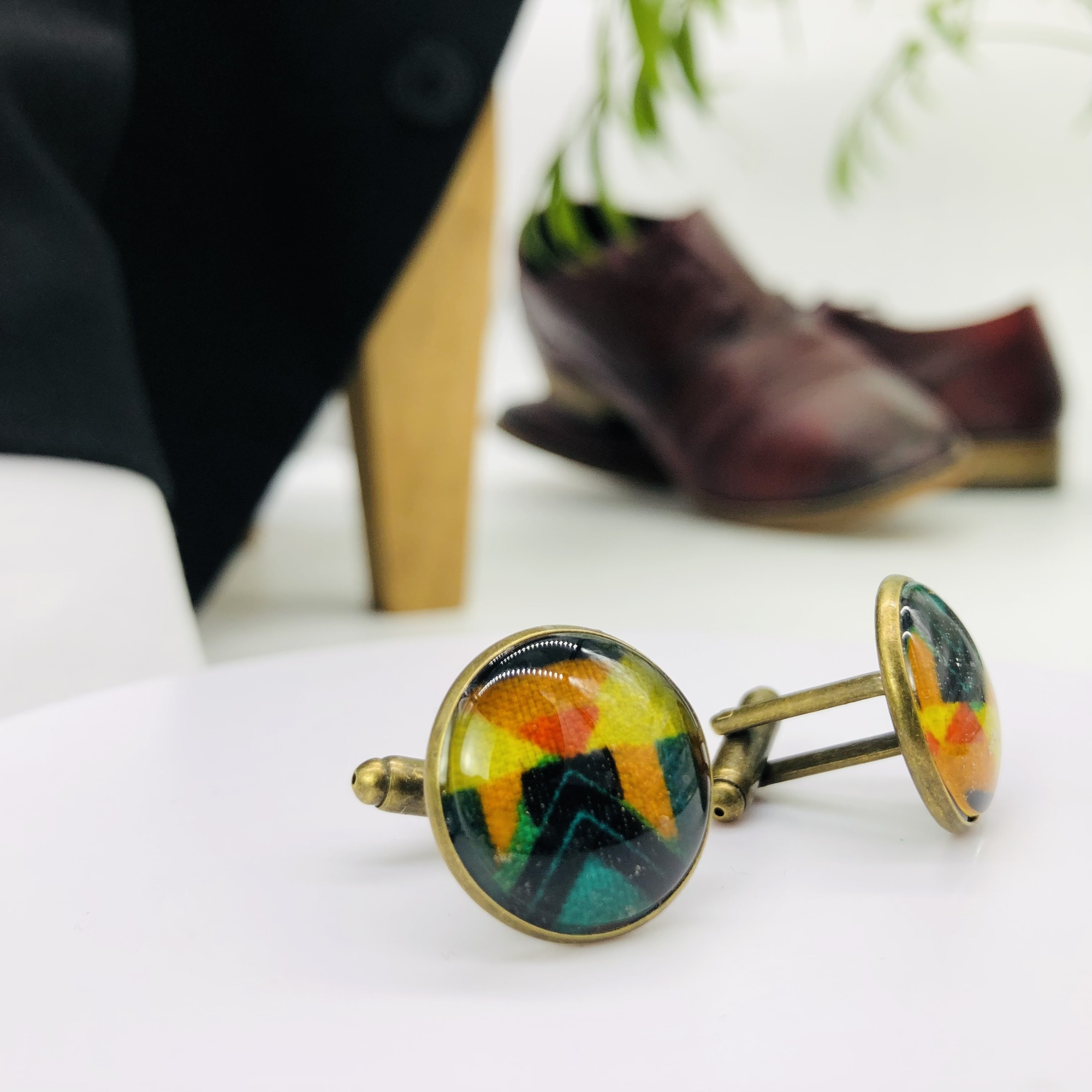 Kenterised 18mm glass topped cufflink pair - Antique Bronze - Image 4