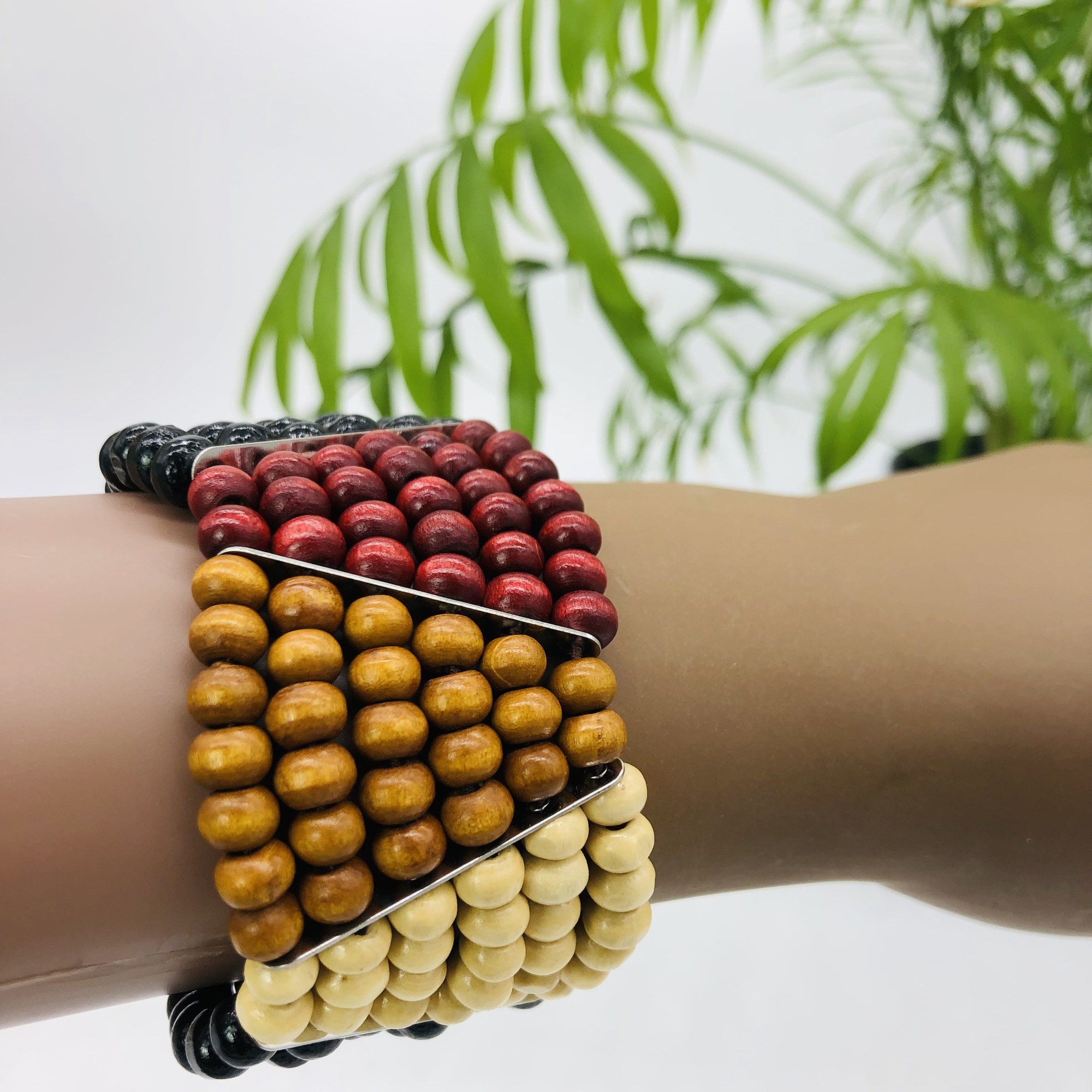 Wooden Bead Bracelet Chevron Four Colour- silver bar - Image 5