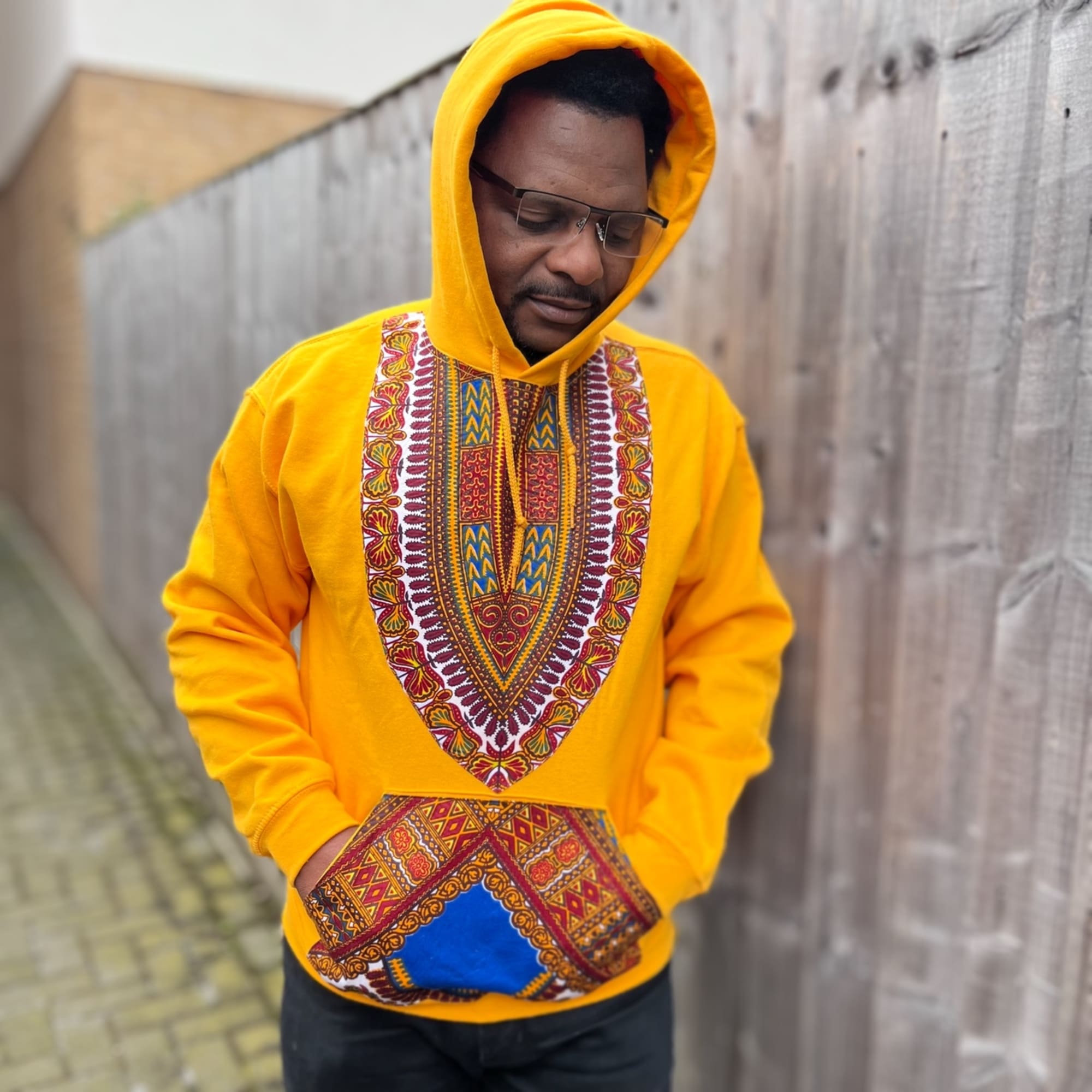 Dashiki African Print Hoodie Yellow Gold Boho Festival Men's Sweatshirt - Image 9