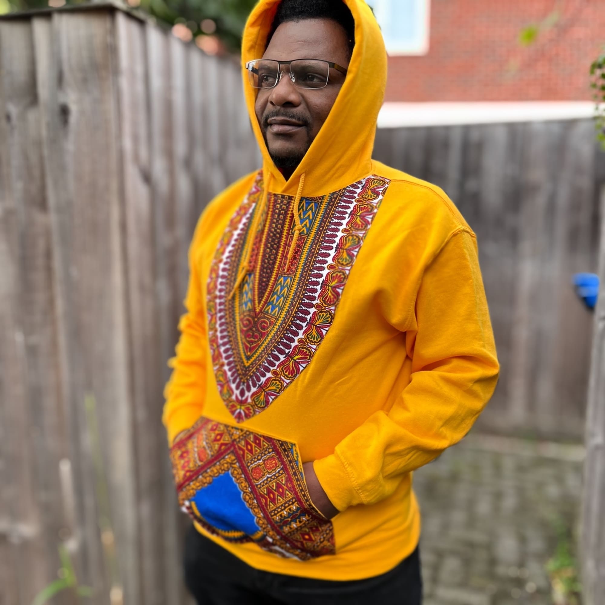 Dashiki African Print Hoodie Yellow Gold Boho Festival Men's Sweatshirt - Image 8