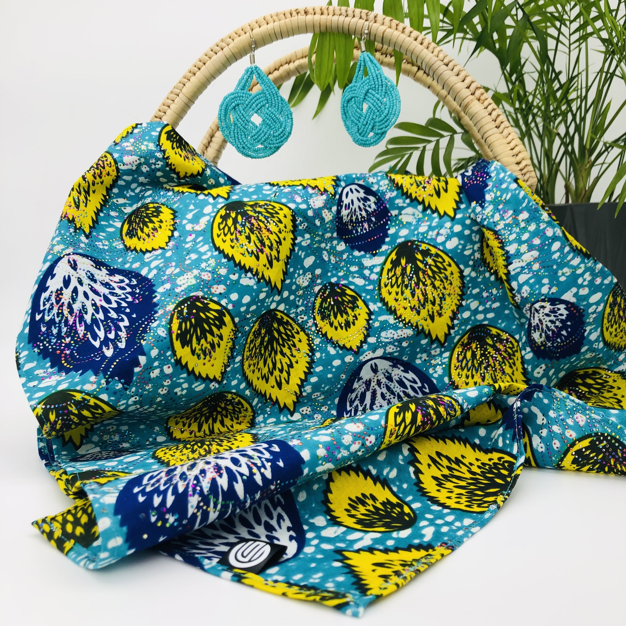 Anga African Style Colourful Blue Yellow Headwrap Headtie with Matching Earring Set - Image 7