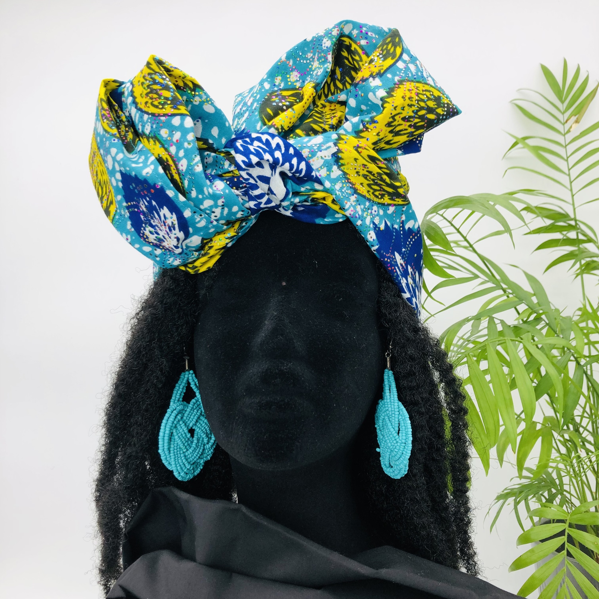 Anga African Style Colourful Blue Yellow Headwrap Headtie with Matching Earring Set - Image 5