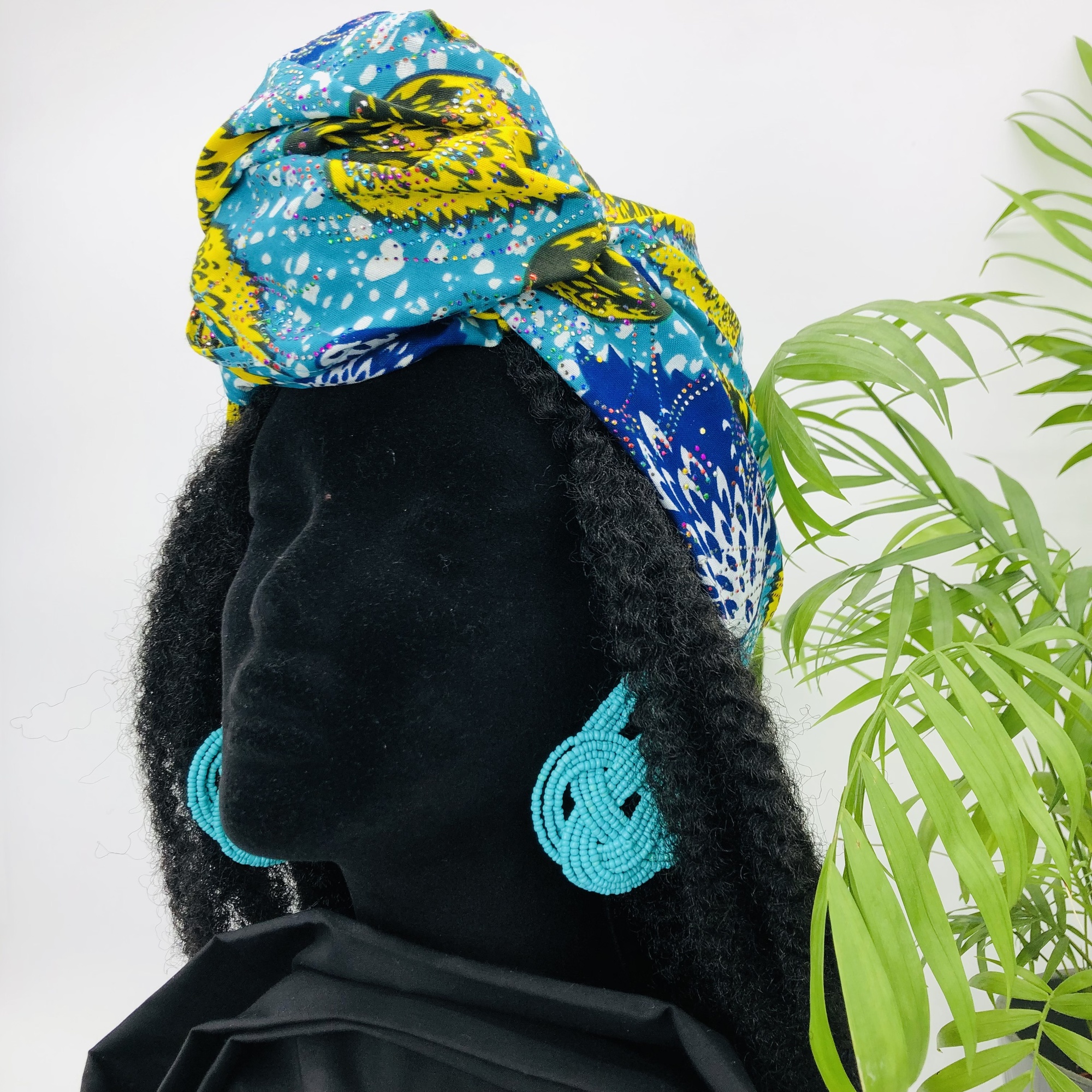 Anga African Style Colourful Blue Yellow Headwrap Headtie with Matching Earring Set
