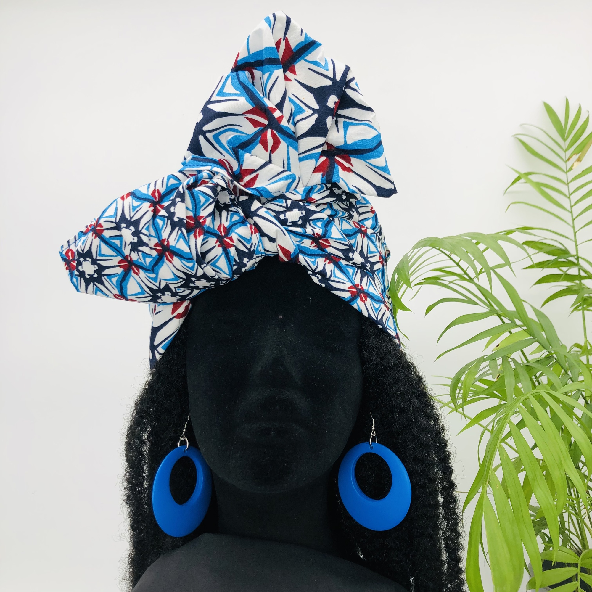 Putsoa African Style Headwrap Headtie Colourful Blue with Matching Earring Set
