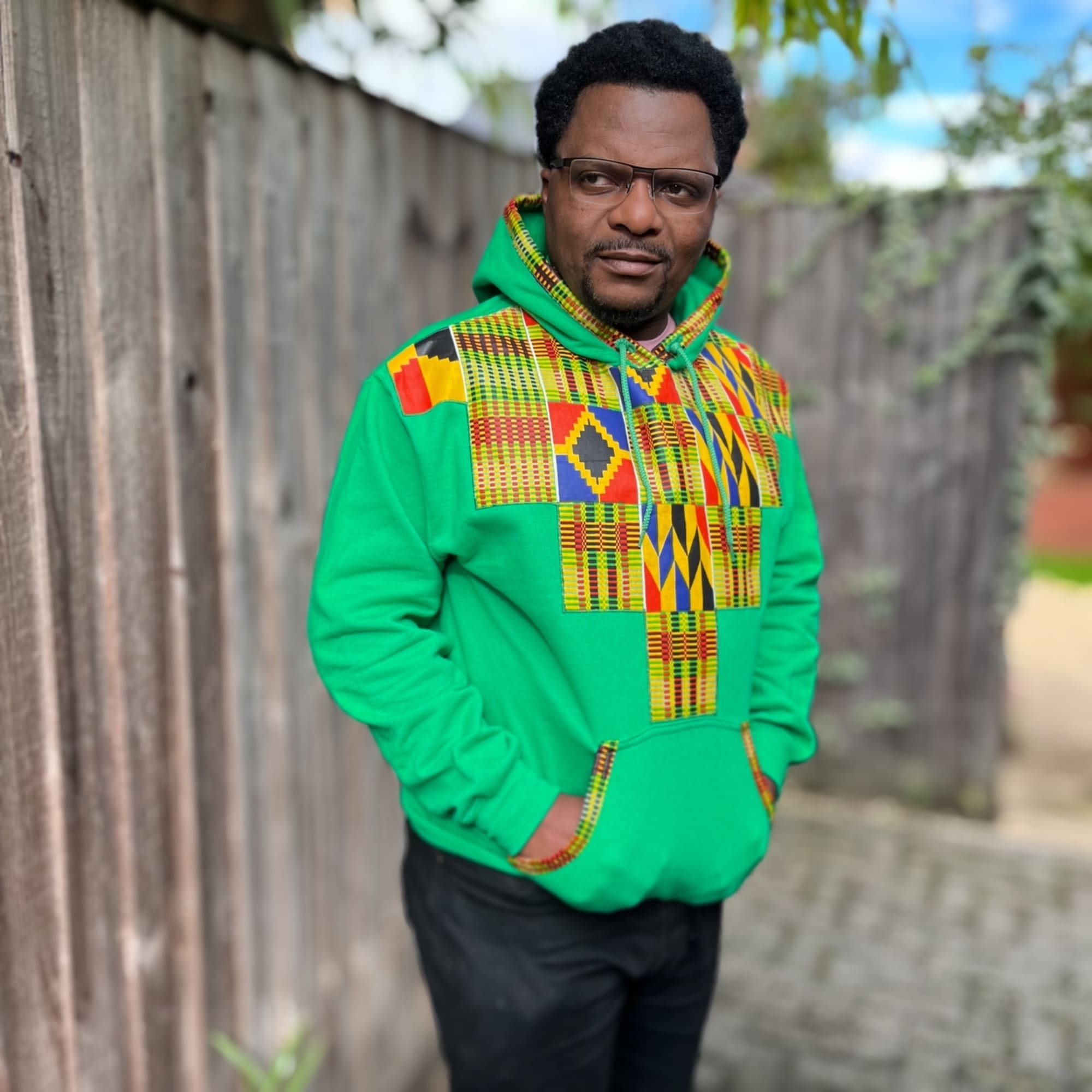 Kente African Print Hoodie Green Boho Men's Heavy Blend Sweatshirt - Image 3