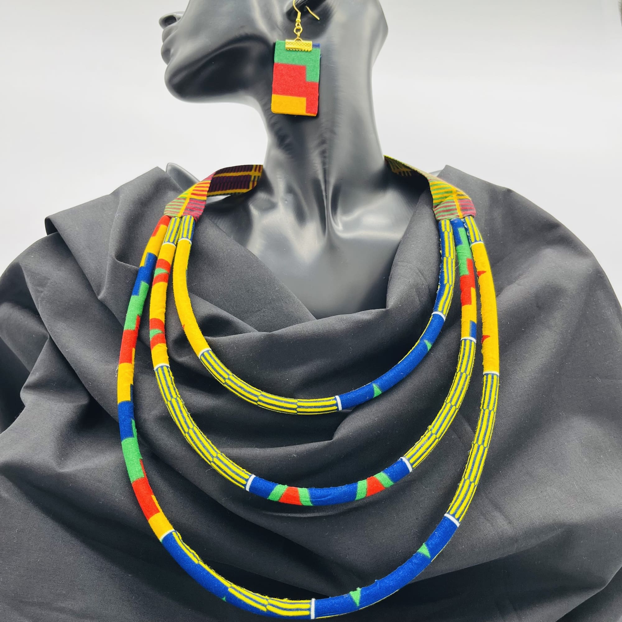 Chikumi African Kente Maasai Style Double Layer Boho Necklace Neck-ring and Matching Earrings - Image 5