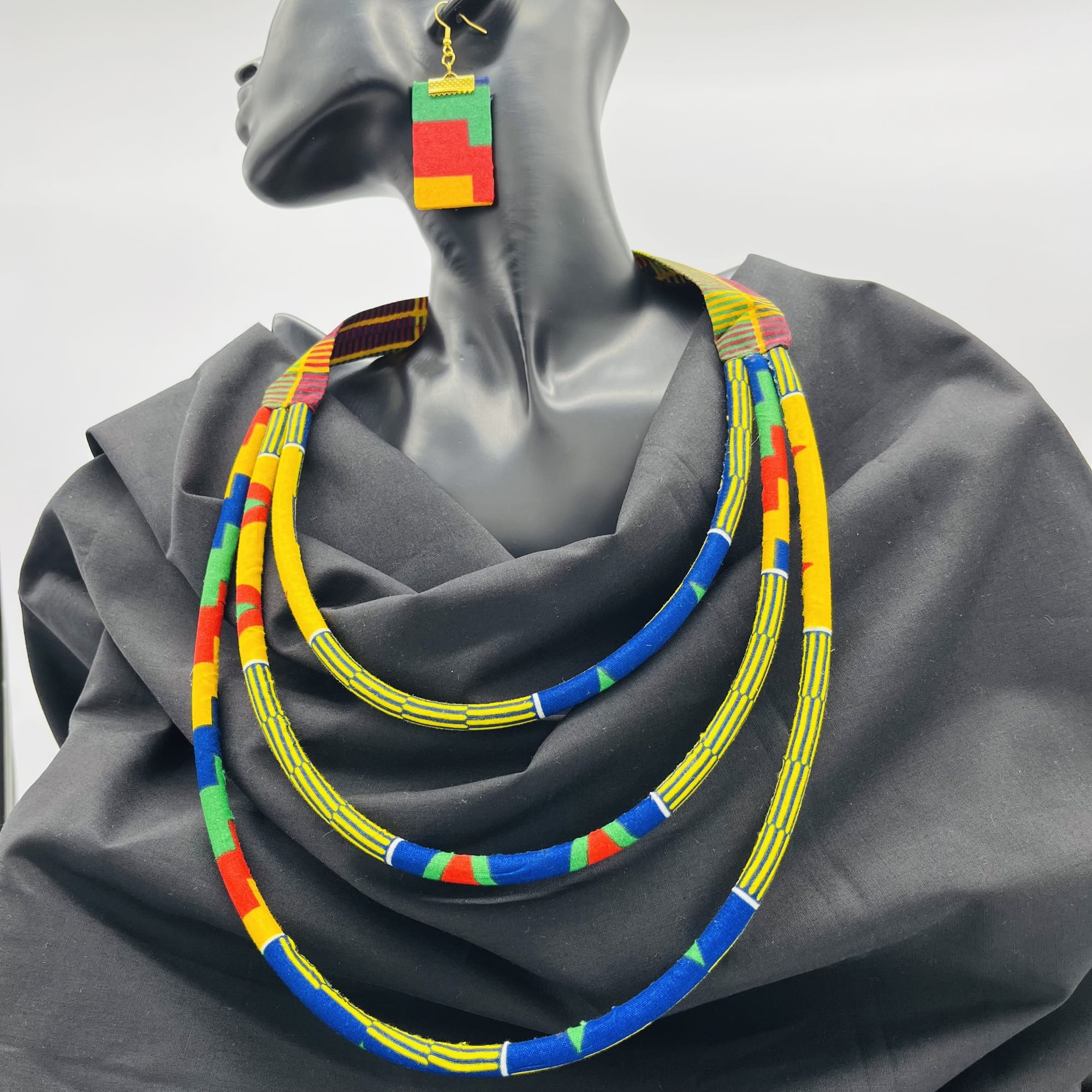 Chikumi African Kente Maasai Style Double Layer Boho Necklace Neck-ring and Matching Earrings - Image 6