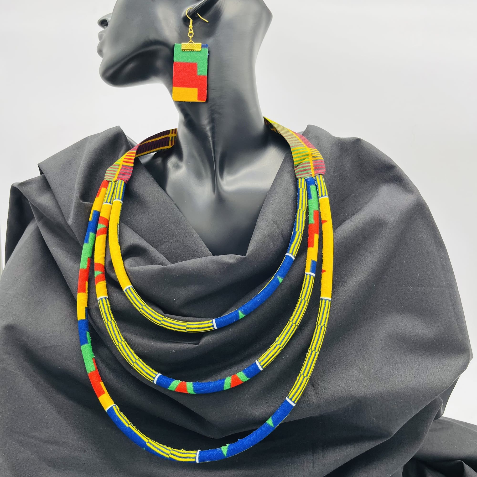 Chikumi African Kente Maasai Style Double Layer Boho Necklace Neck-ring and Matching Earrings