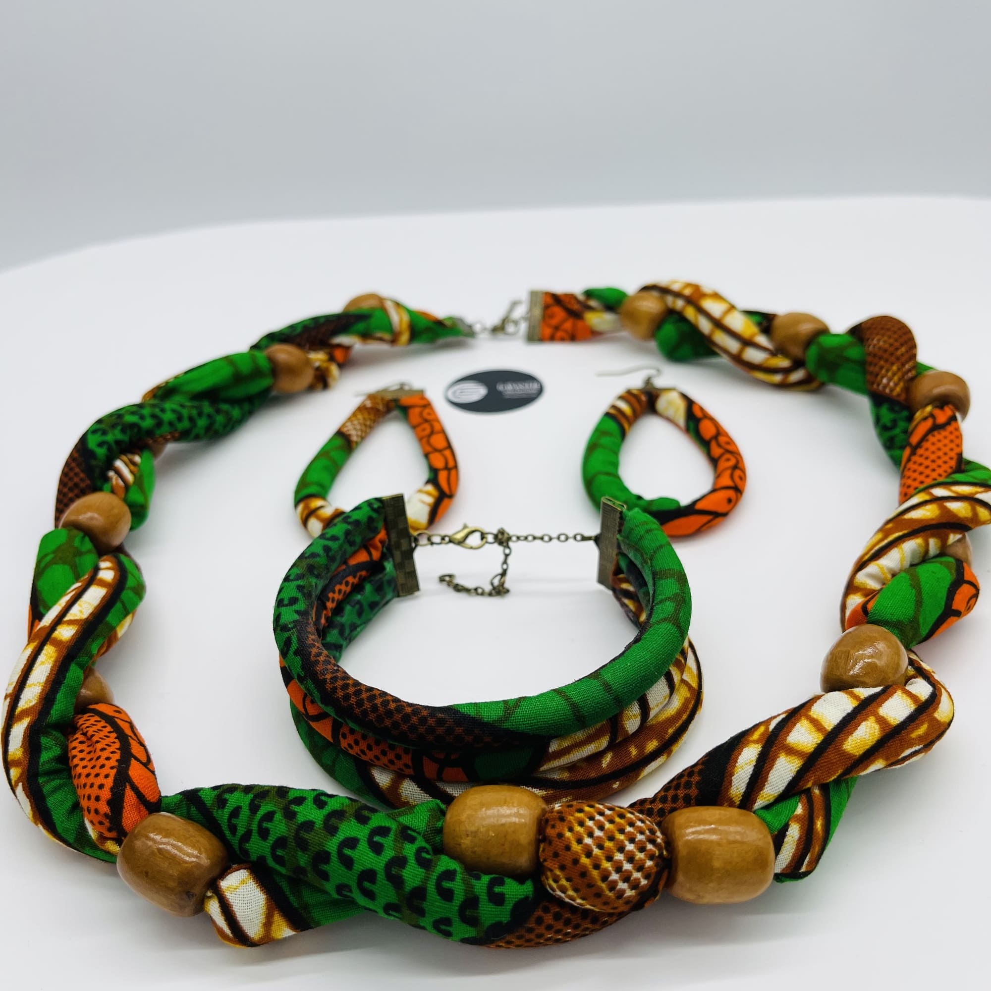 Katumbu African Beaded Boho Colourful Green Orange Cord Necklace Earring and Bangle Set - Image 10