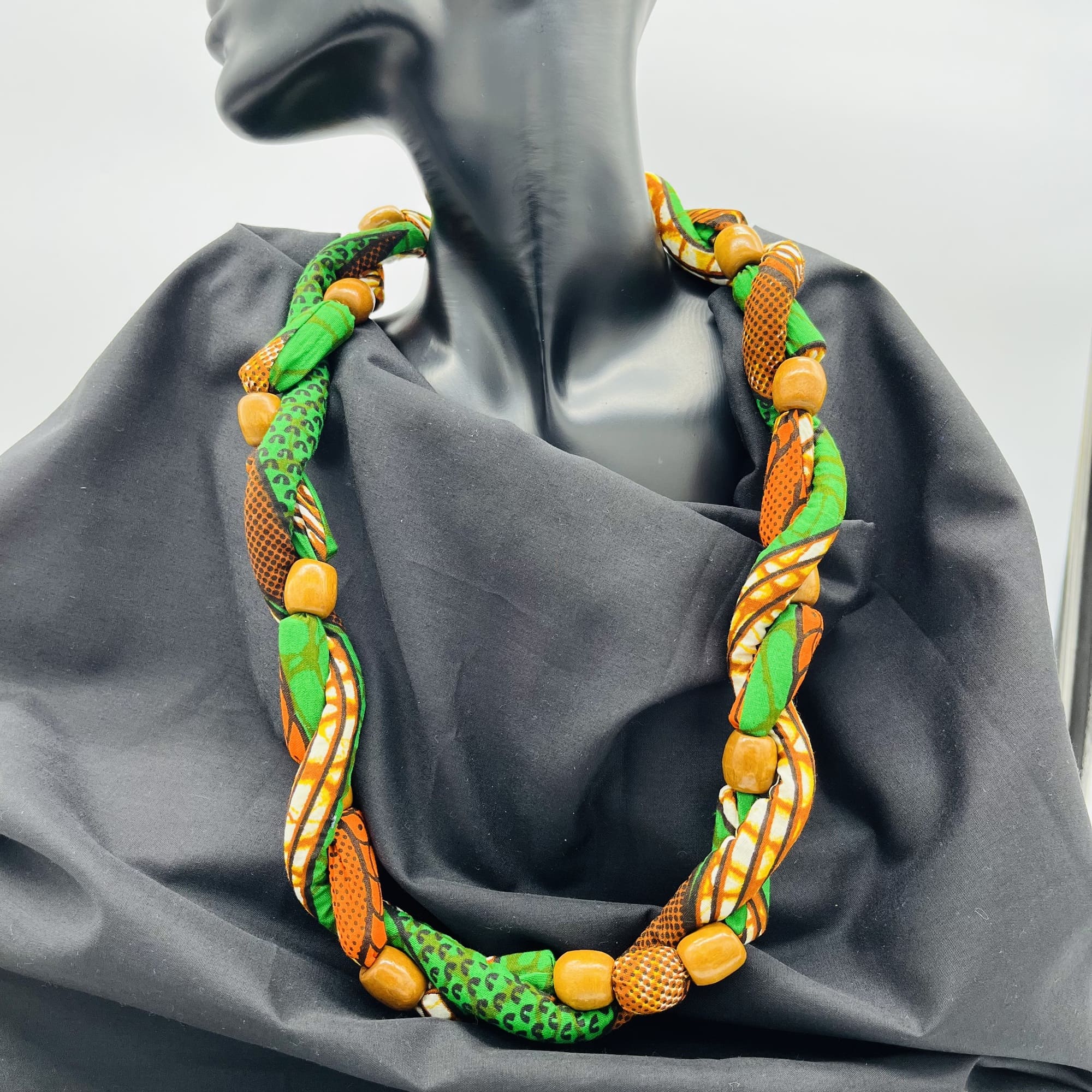 Katumbu African Beaded Boho Colourful Green Orange Cord Necklace Earring and Bangle Set - Image 5