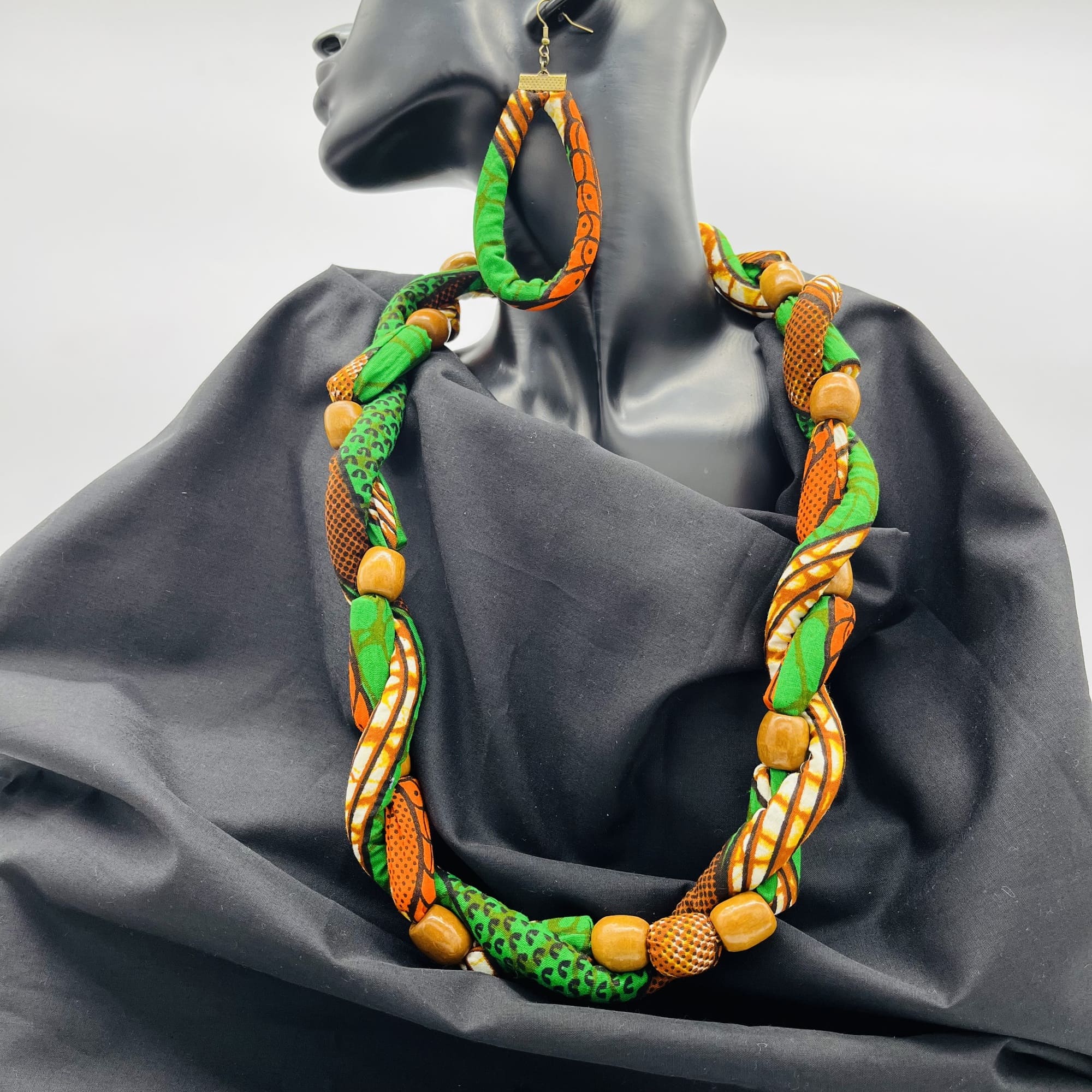 Katumbu African Beaded Boho Colourful Green Orange Cord Necklace Earring and Bangle Set - Image 4